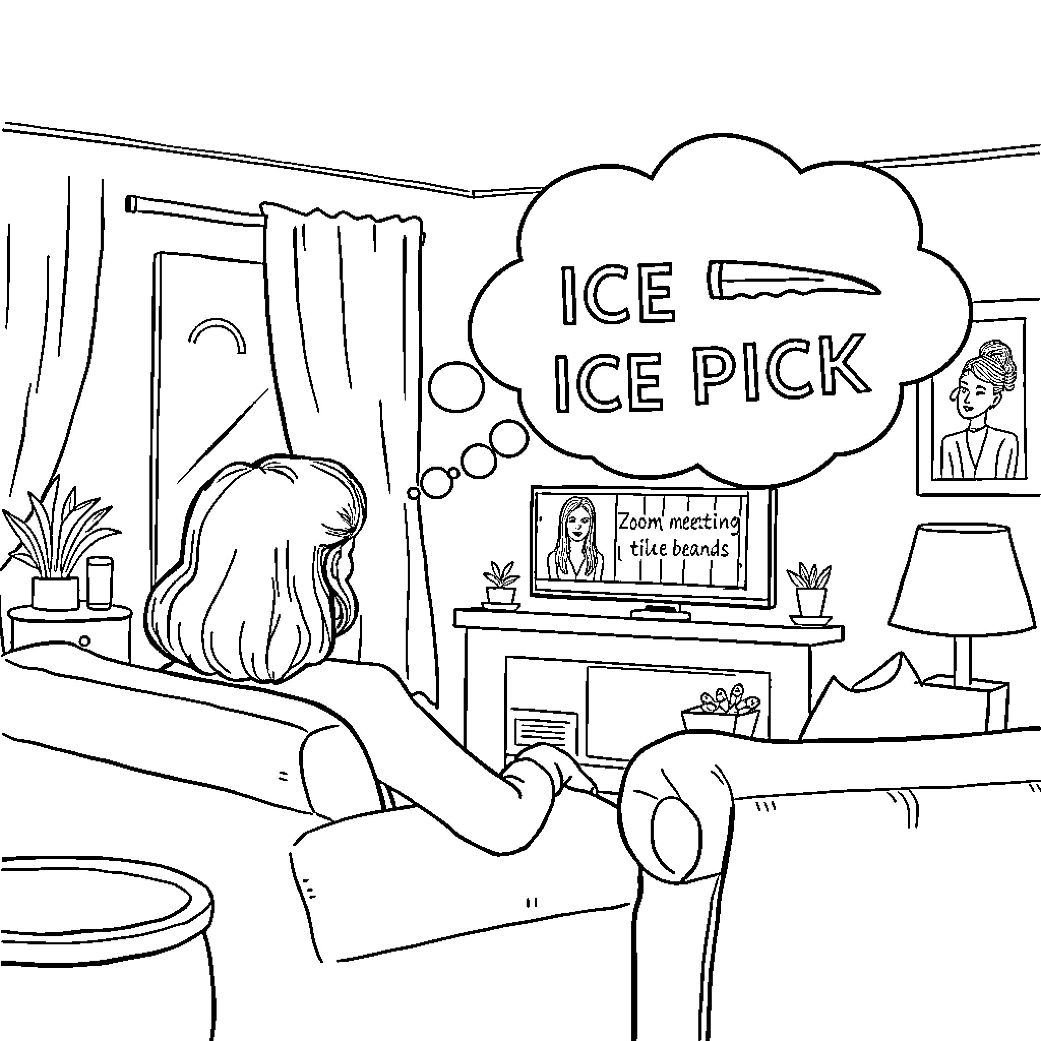 Woman relaxing and watching TV at home Coloring Page (free black-and-white line drawing printable PDF for all, from beginners to advanced learners, including children, teens, adults, and seniors)