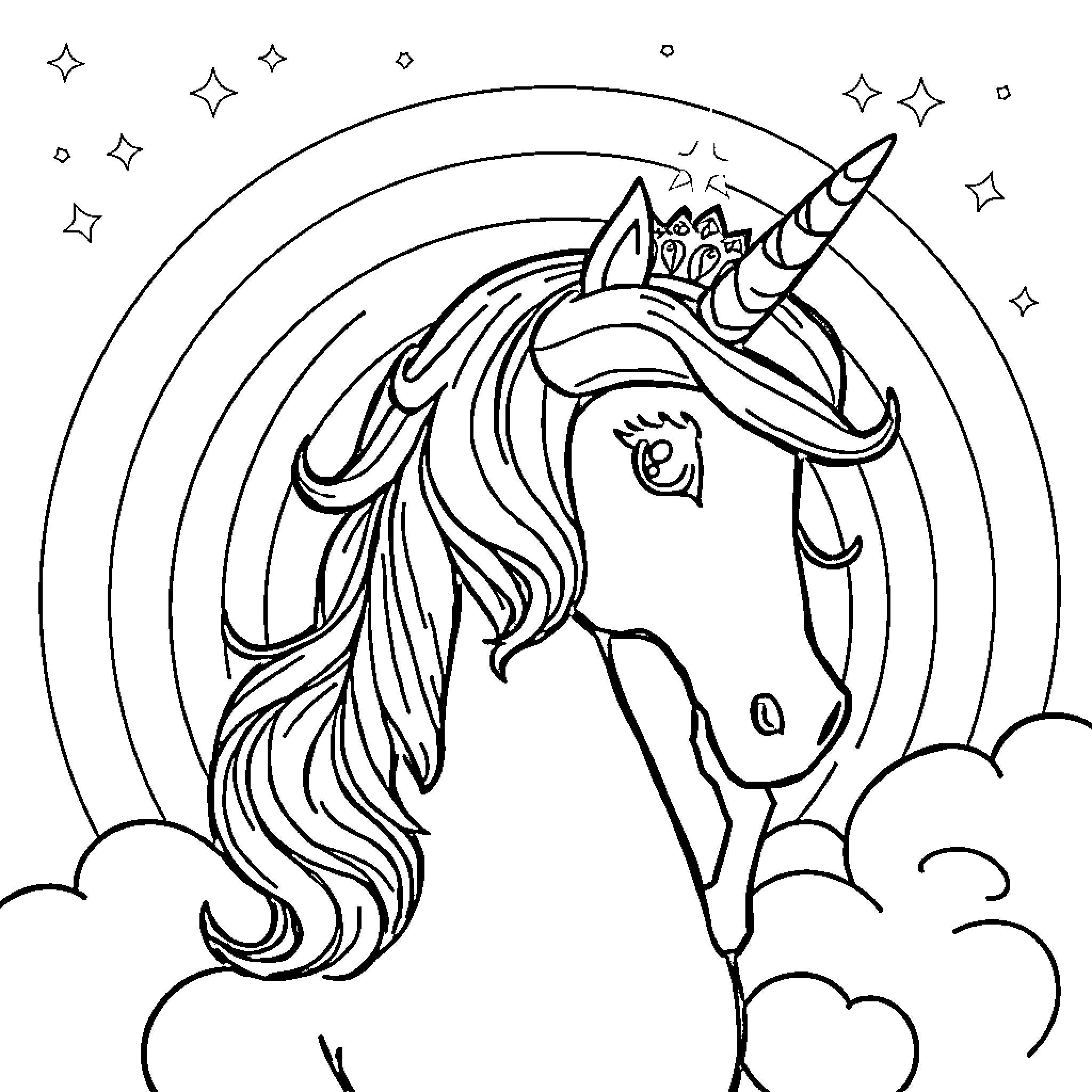 Unicorn in a Magical Wonderland Coloring Page (free black-and-white line drawing printable PDF for all, from beginners to advanced learners, including children, teens, adults, and seniors)