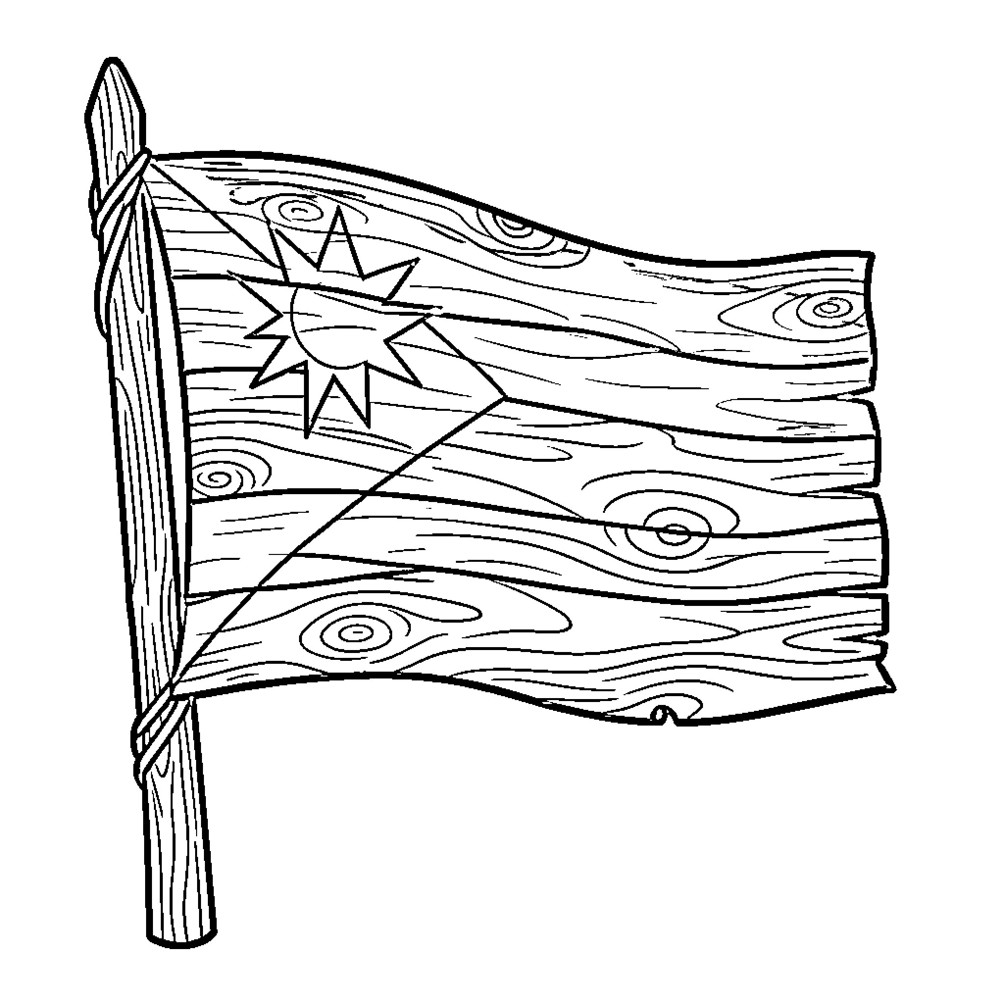 Wooden Flag Waving in the Wind Coloring Page (free black-and-white line drawing printable PDF for all, from beginners to advanced learners, including children, teens, adults, and seniors)