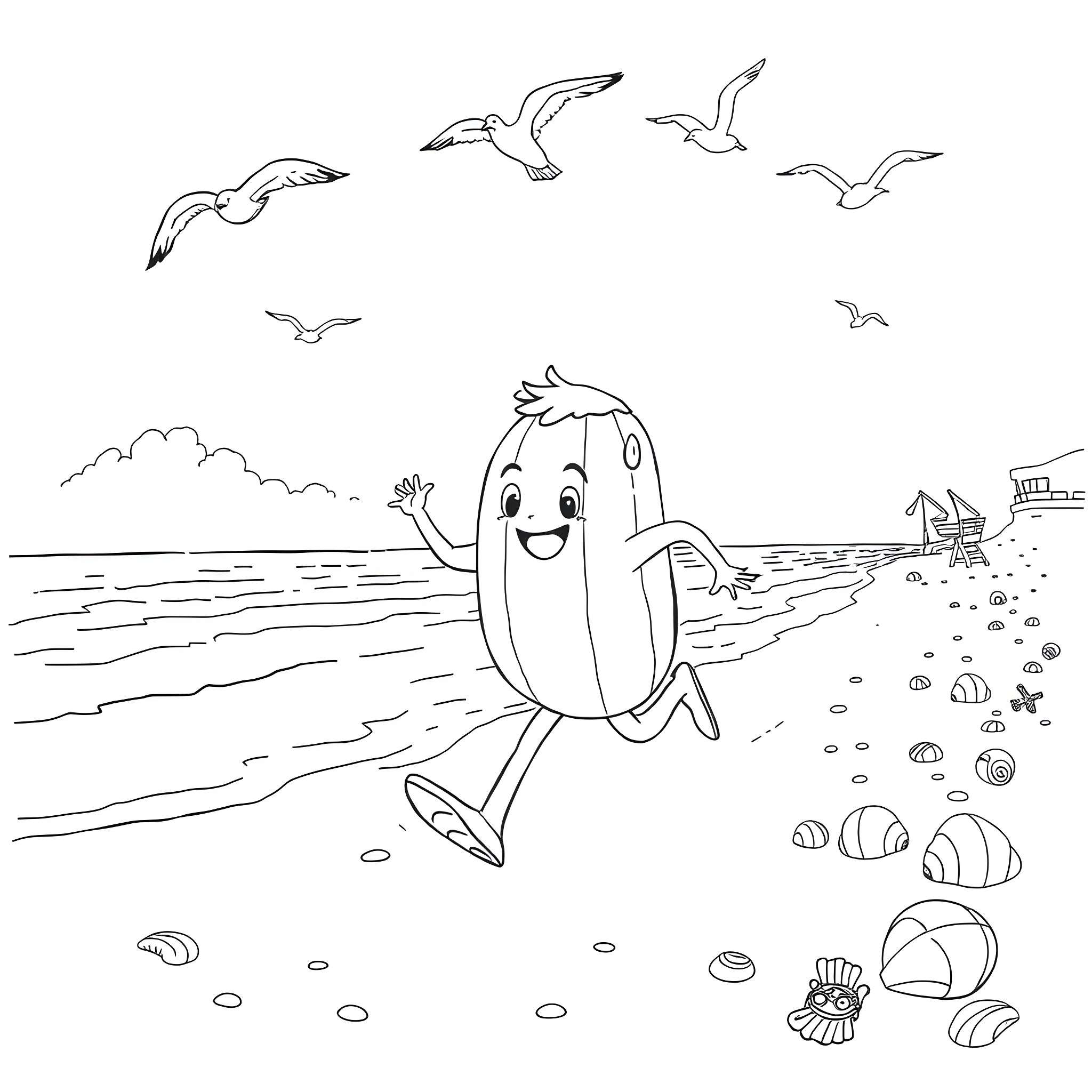 Cocomelon JJ Waving Happily on the Beach Coloring Page (free black-and-white line drawing printable PDF for all, from beginners to advanced learners, including children, teens, adults, and seniors)