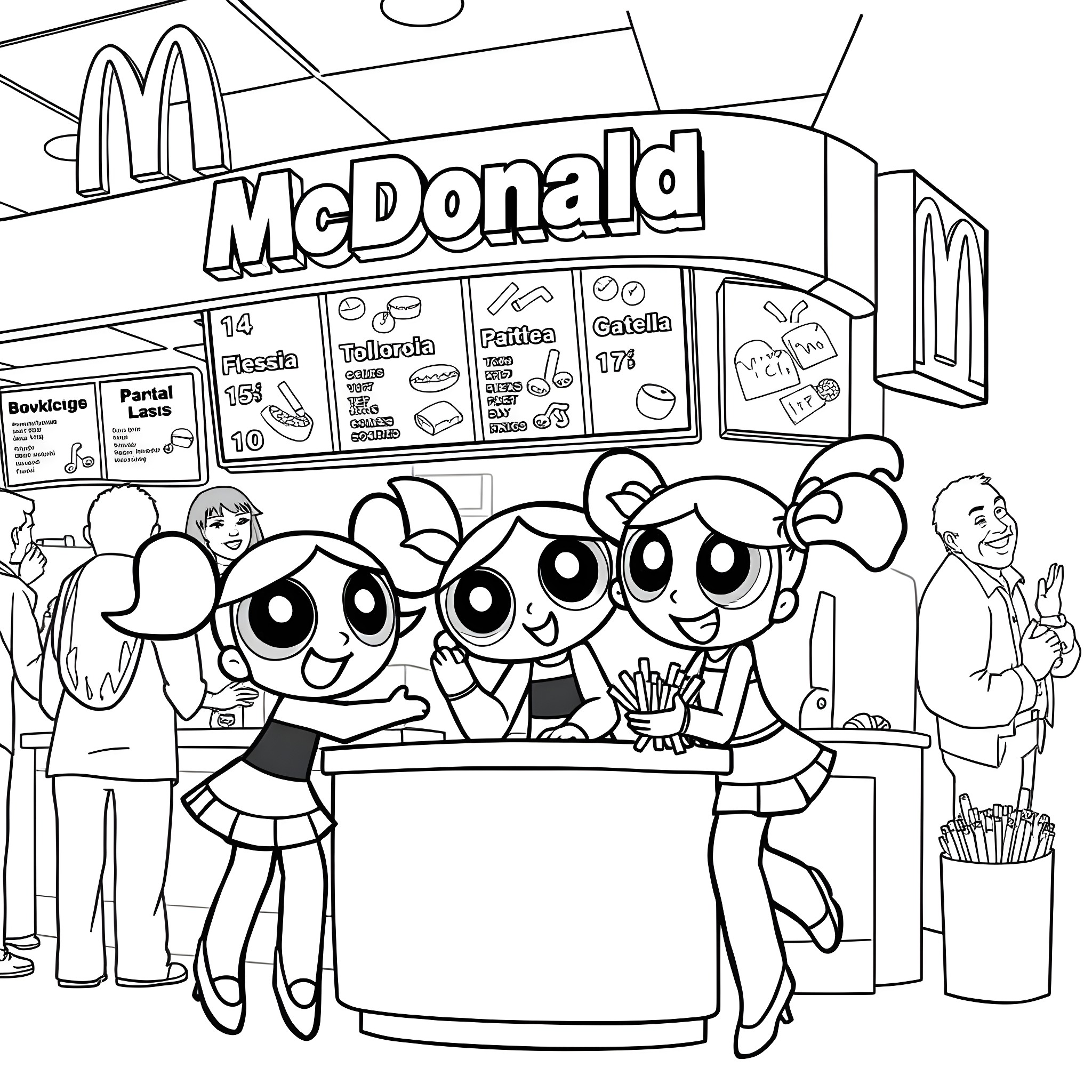 Powerpuff Girls at the McDonald's counter Coloring Page (free black-and-white line drawing printable PDF for all, from beginners to advanced learners, including children, teens, adults, and seniors)