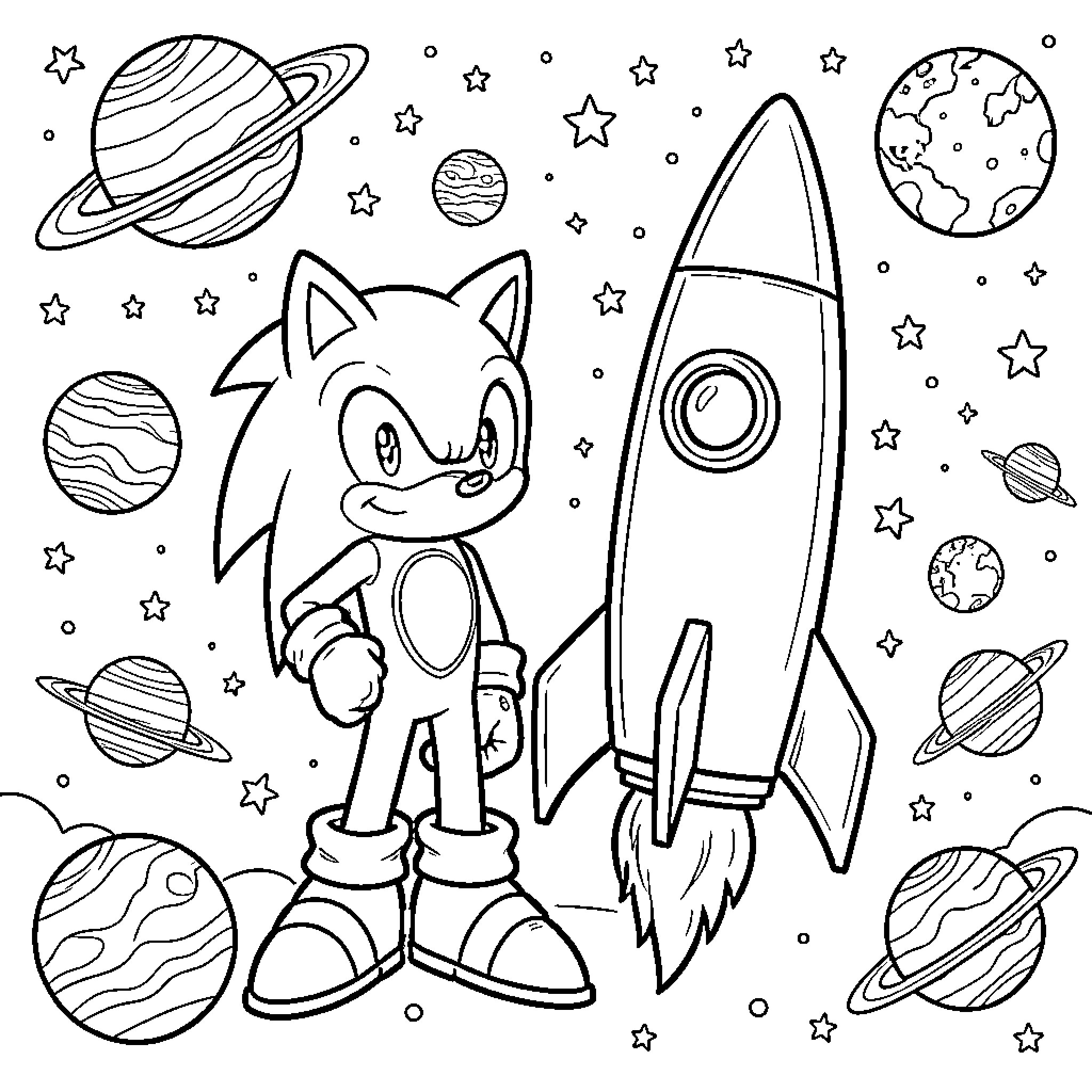 Sonic's Interstellar Rocket Adventure Coloring Page (free black-and-white line drawing printable PDF for all, from beginners to advanced learners, including children, teens, adults, and seniors)