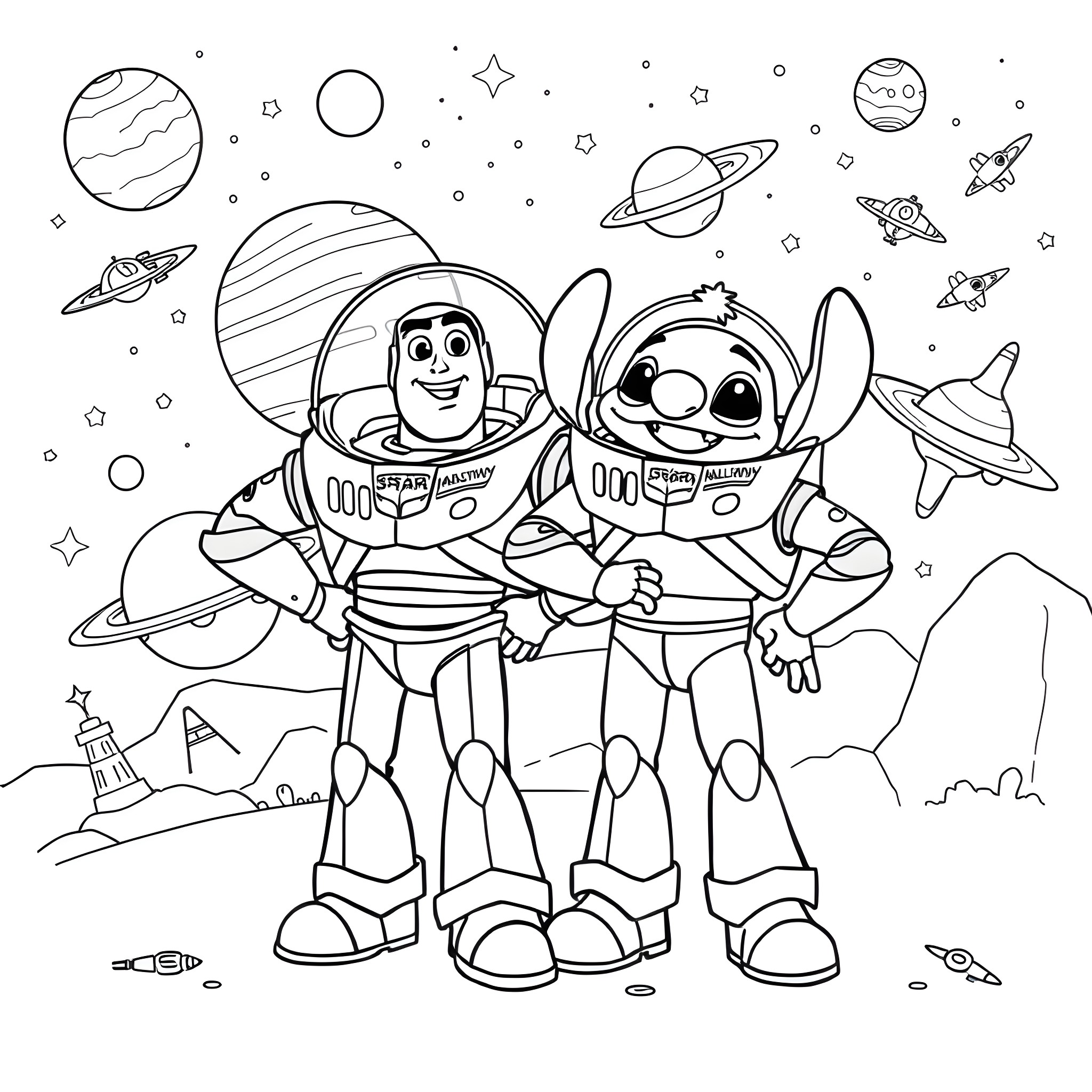 Buzz Lightyear and Stitch exploring the cosmos Coloring Page (free black-and-white line drawing printable PDF for all, from beginners to advanced learners, including children, teens, adults, and seniors)