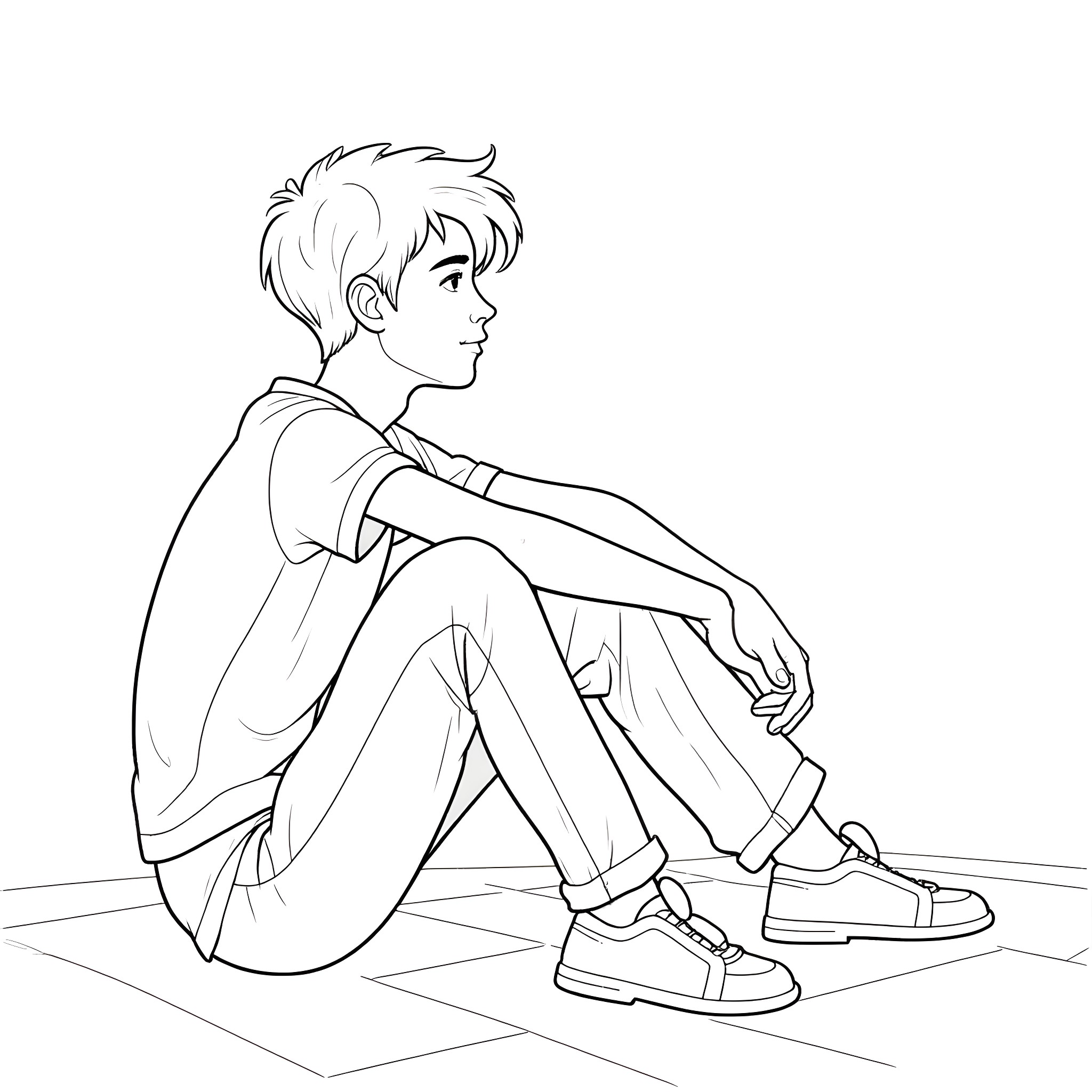 Male sitting alone in contemplation Coloring Page (free black-and-white line drawing printable PDF for all, from beginners to advanced learners, including children, teens, adults, and seniors)