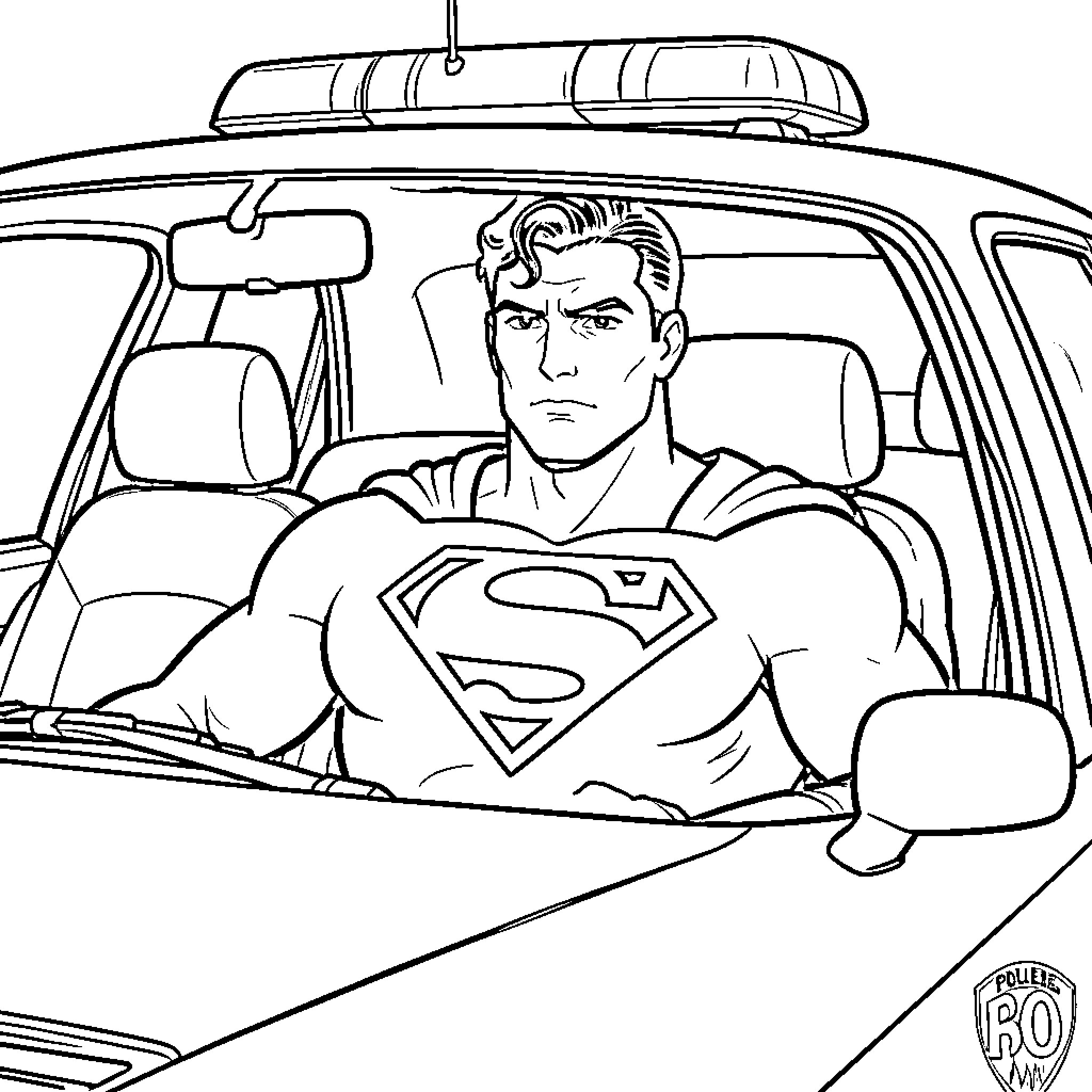 Superman sitting inside a police car with a serious expression Coloring Page (free black-and-white line drawing printable PDF for all, from beginners to advanced learners, including children, teens, adults, and seniors)