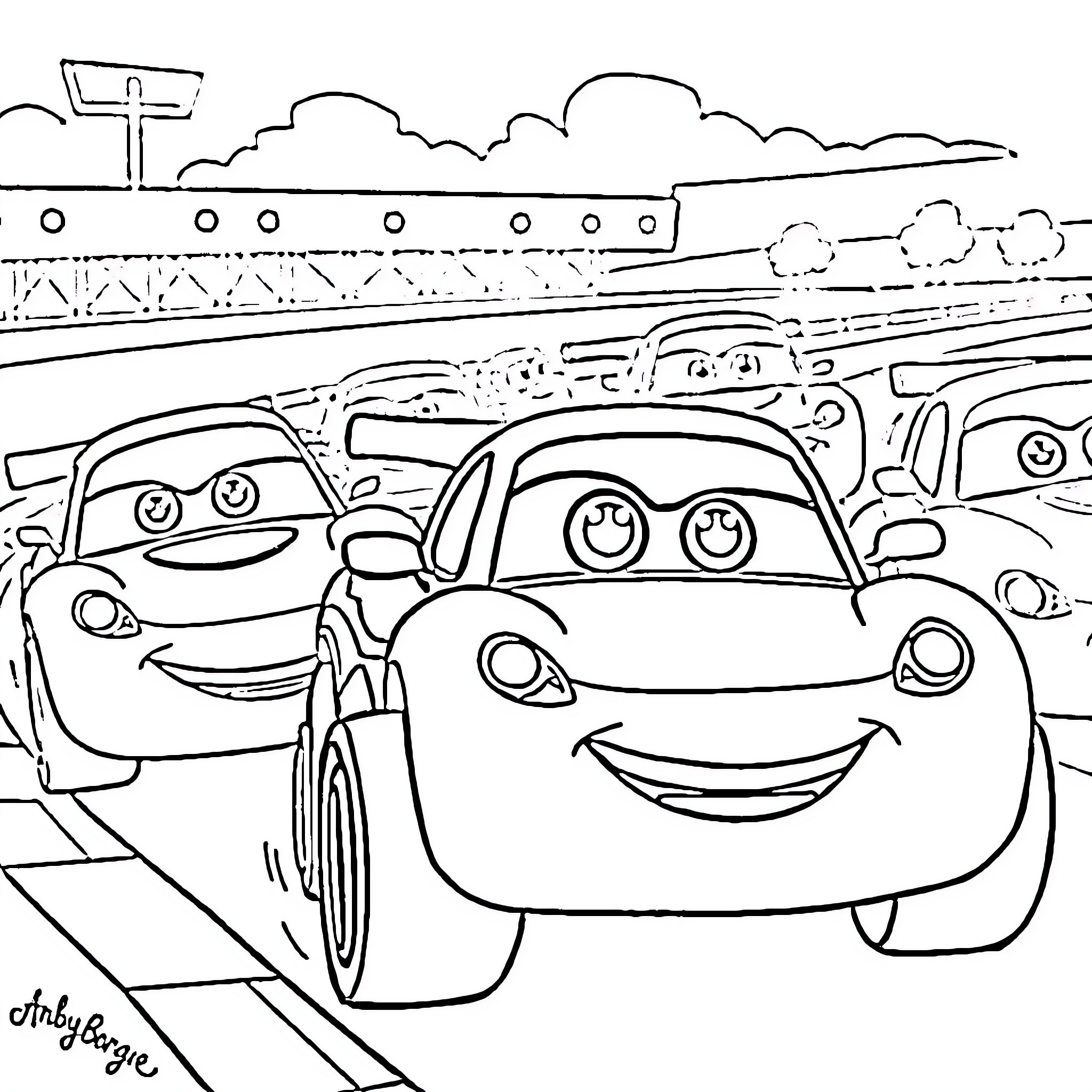 Car cartoon characters on the road Coloring Page (free black-and-white line drawing printable PDF for all, from beginners to advanced learners, including children, teens, adults, and seniors)