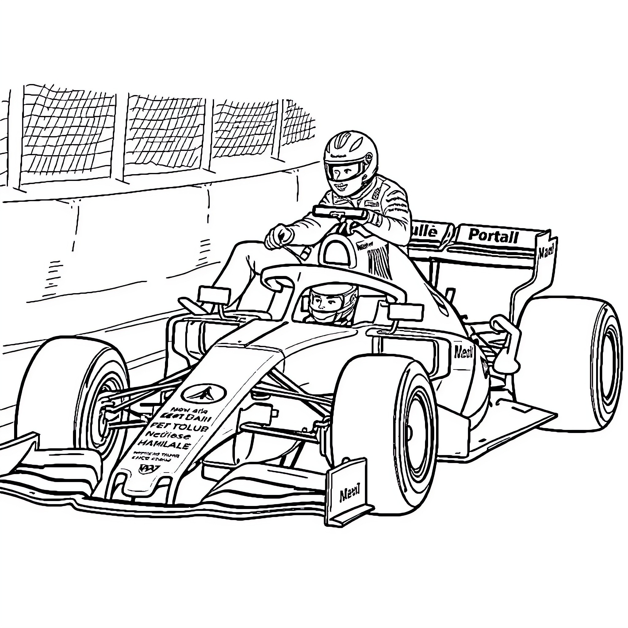 Formula One Car in Motion on Race Track Coloring Page (free black-and-white line drawing printable PDF for all, from beginners to advanced learners, including children, teens, adults, and seniors)