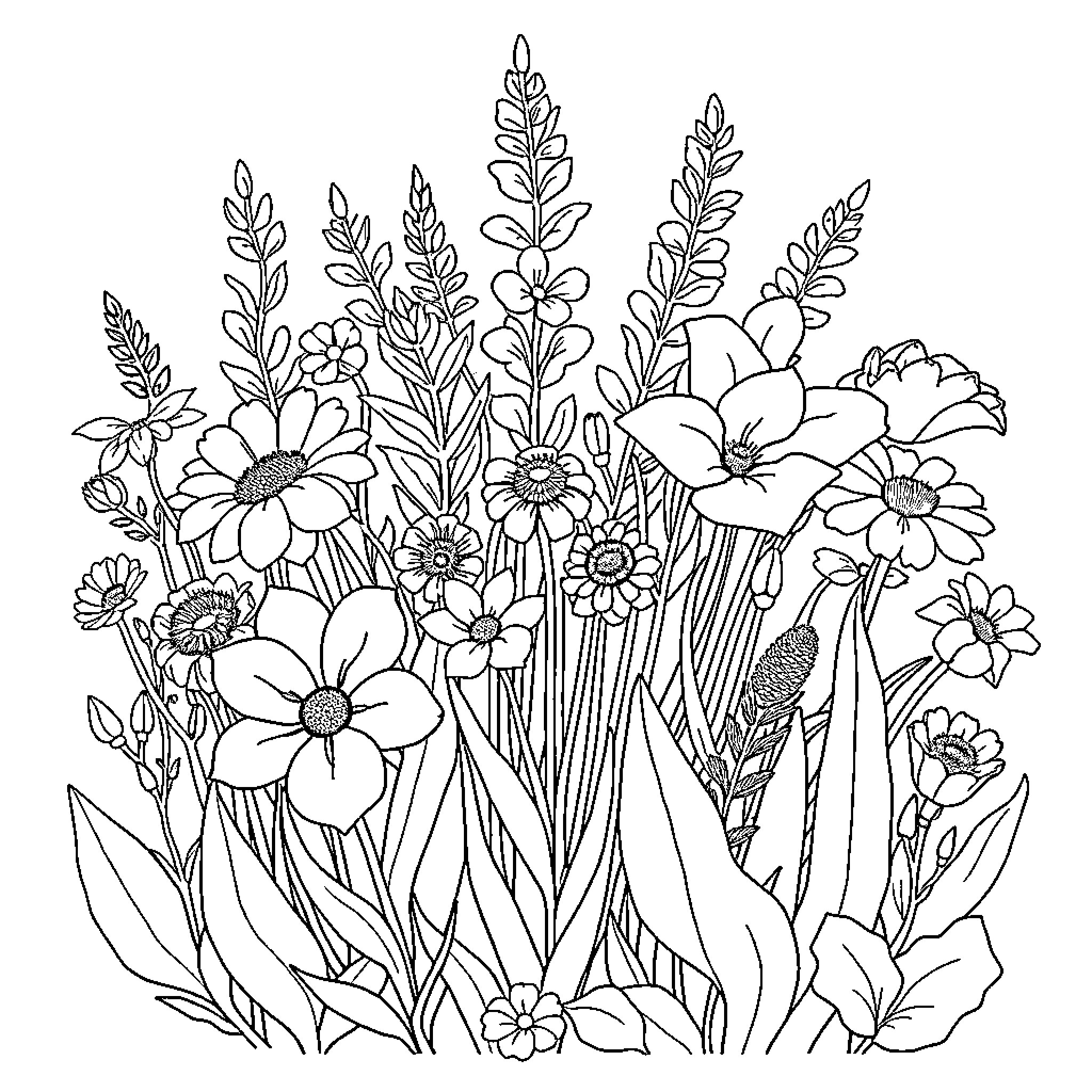 Plant Blooming Flowers in Garden Coloring Page (free black-and-white line drawing printable PDF for all, from beginners to advanced learners, including children, teens, adults, and seniors)