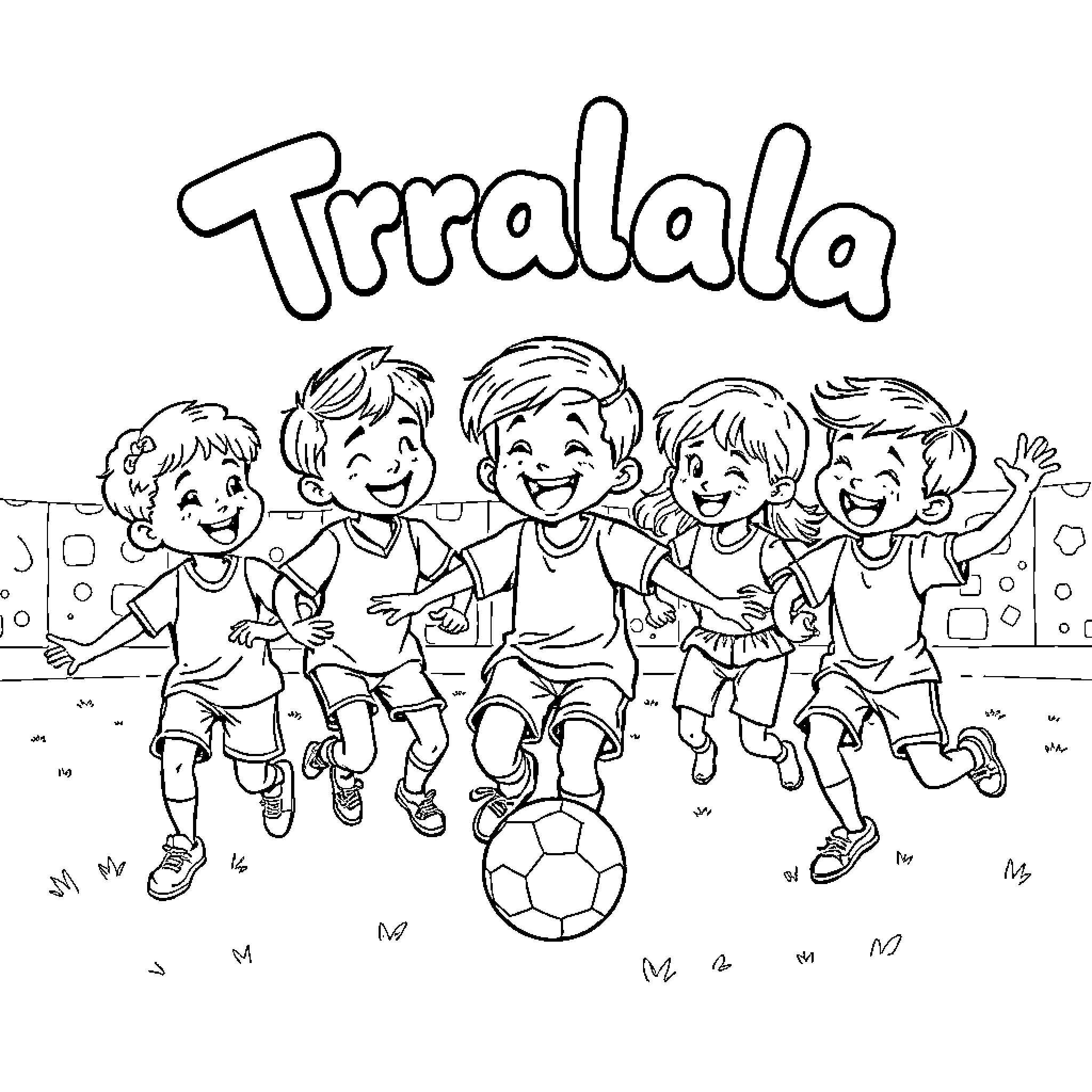 Tralalerito Children Playing Soccer Outdoors Coloring Page (free black-and-white line drawing printable PDF for all, from beginners to advanced learners, including children, teens, adults, and seniors)