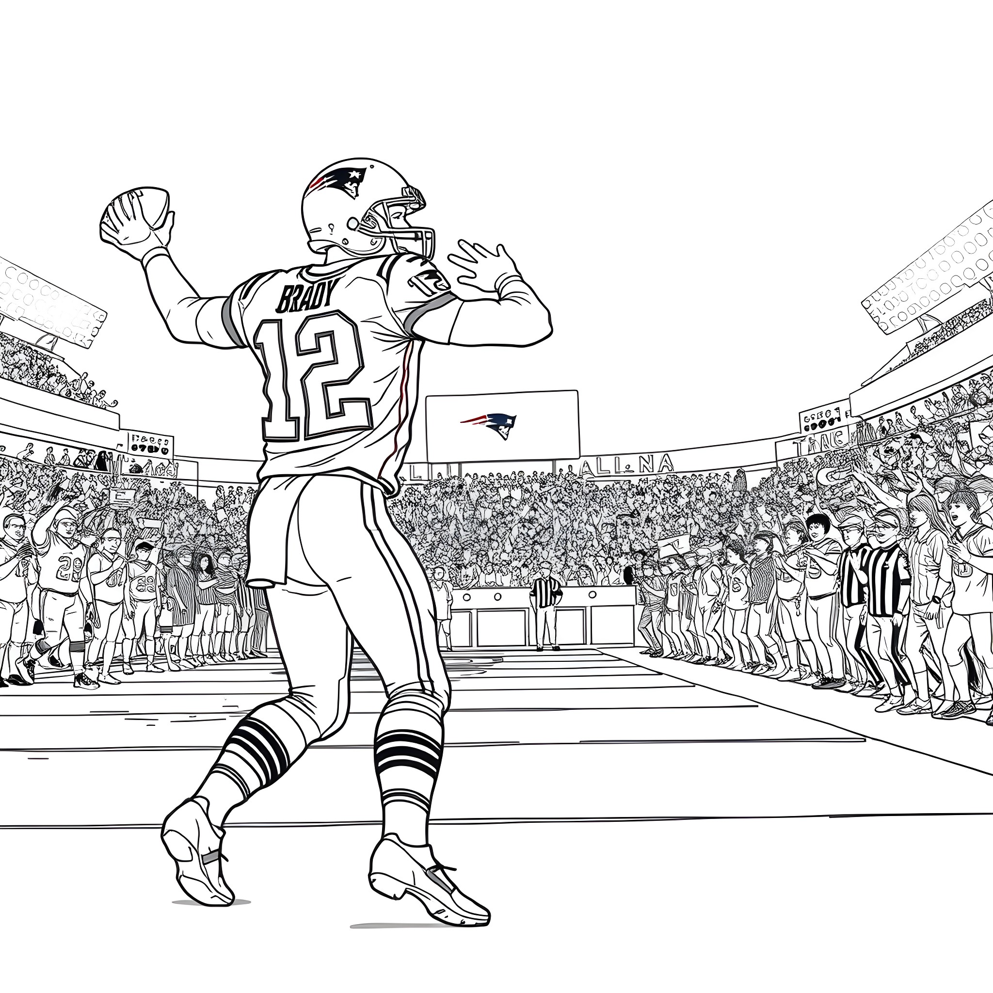 Tom Brady Celebrates Victory on the Football Field Coloring Page (free black-and-white line drawing printable PDF for all, from beginners to advanced learners, including children, teens, adults, and seniors)