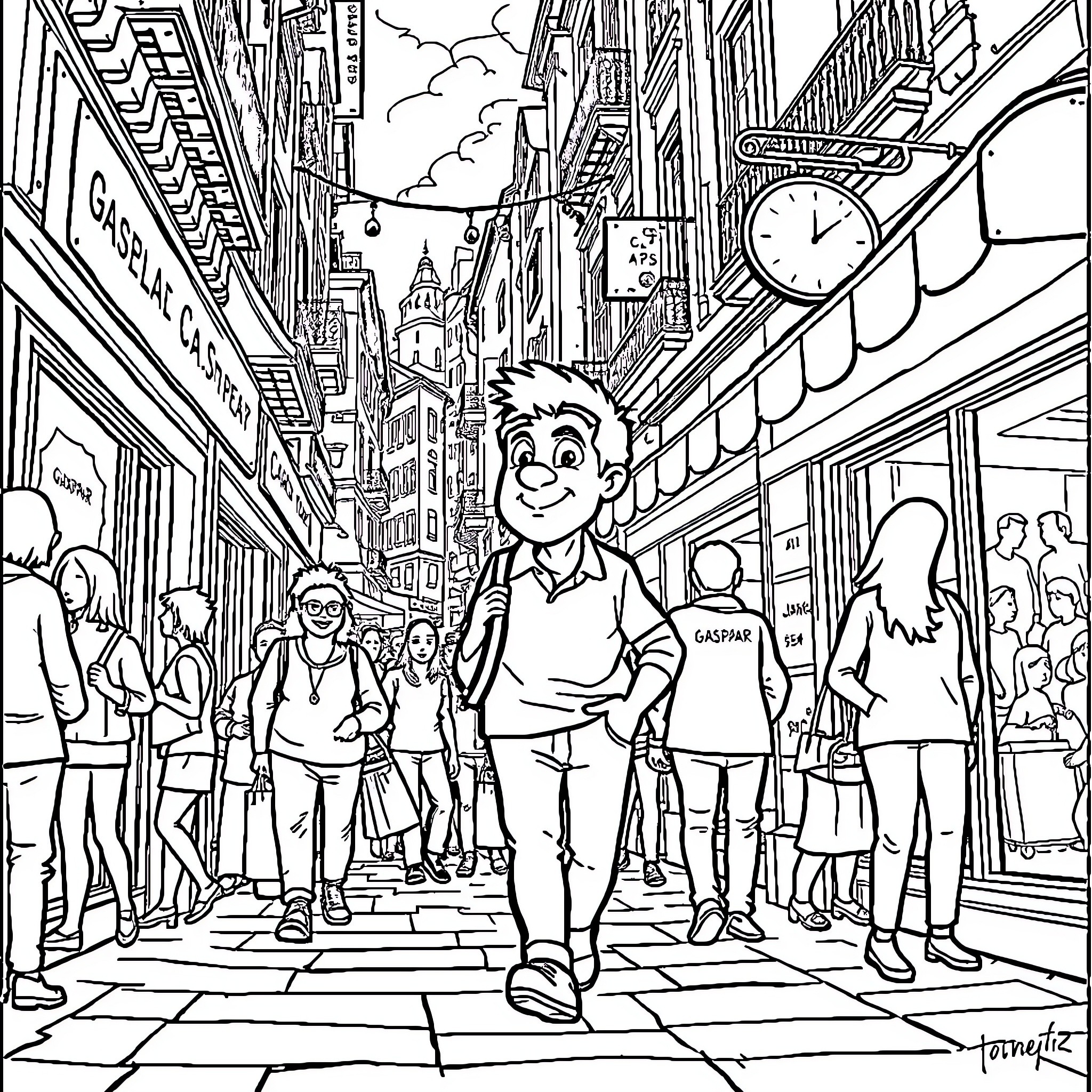 Gaspar's Bustling City Adventure Coloring Page (free black-and-white line drawing printable PDF for all, from beginners to advanced learners, including children, teens, adults, and seniors)