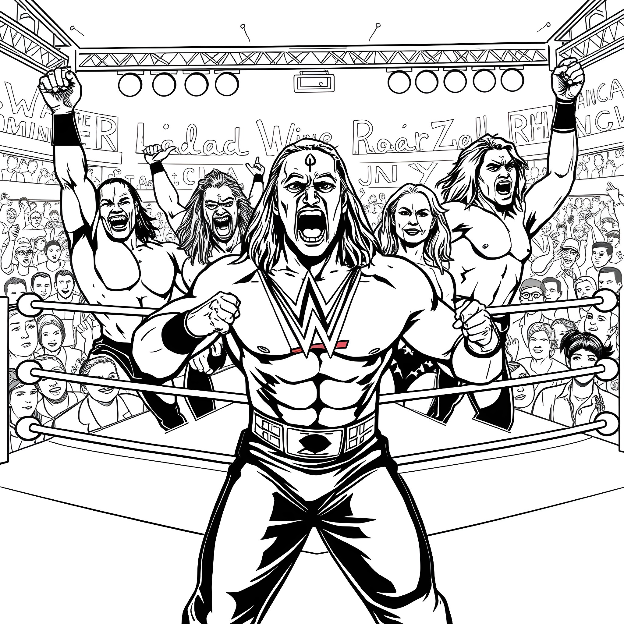 Wrestler Enters the Ring with Intense Expressions Coloring Page (free black-and-white line drawing printable PDF for all, from beginners to advanced learners, including children, teens, adults, and seniors)