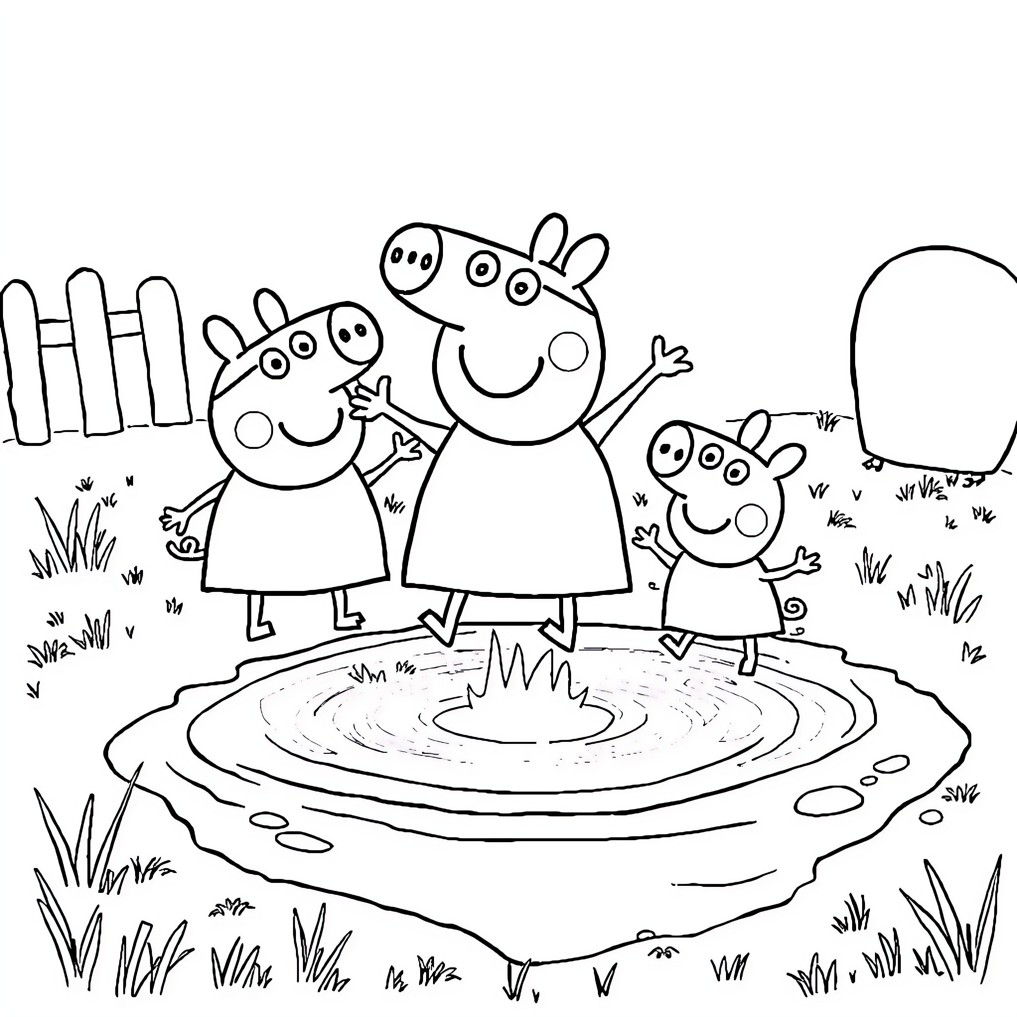 Peppa Pig family playing in the mud puddle Coloring Page (free black-and-white line drawing printable PDF for all, from beginners to advanced learners, including children, teens, adults, and seniors)