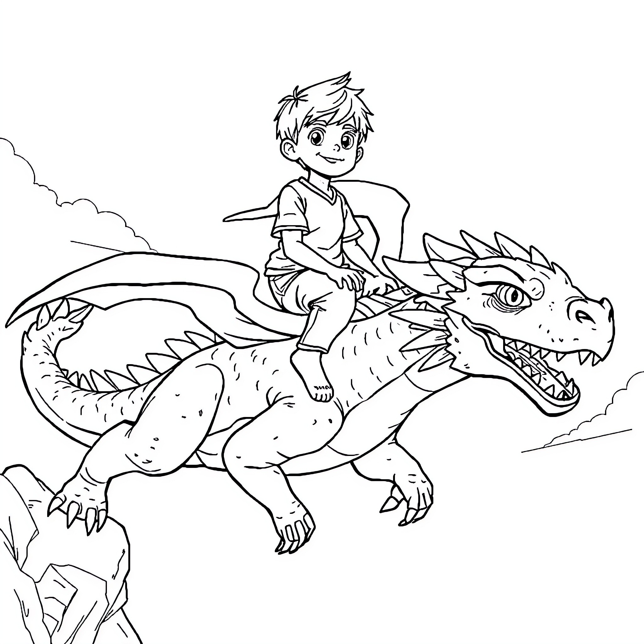 Boy riding a fierce dragon in the sky Coloring Page (free black-and-white line drawing printable PDF for all, from beginners to advanced learners, including children, teens, adults, and seniors)