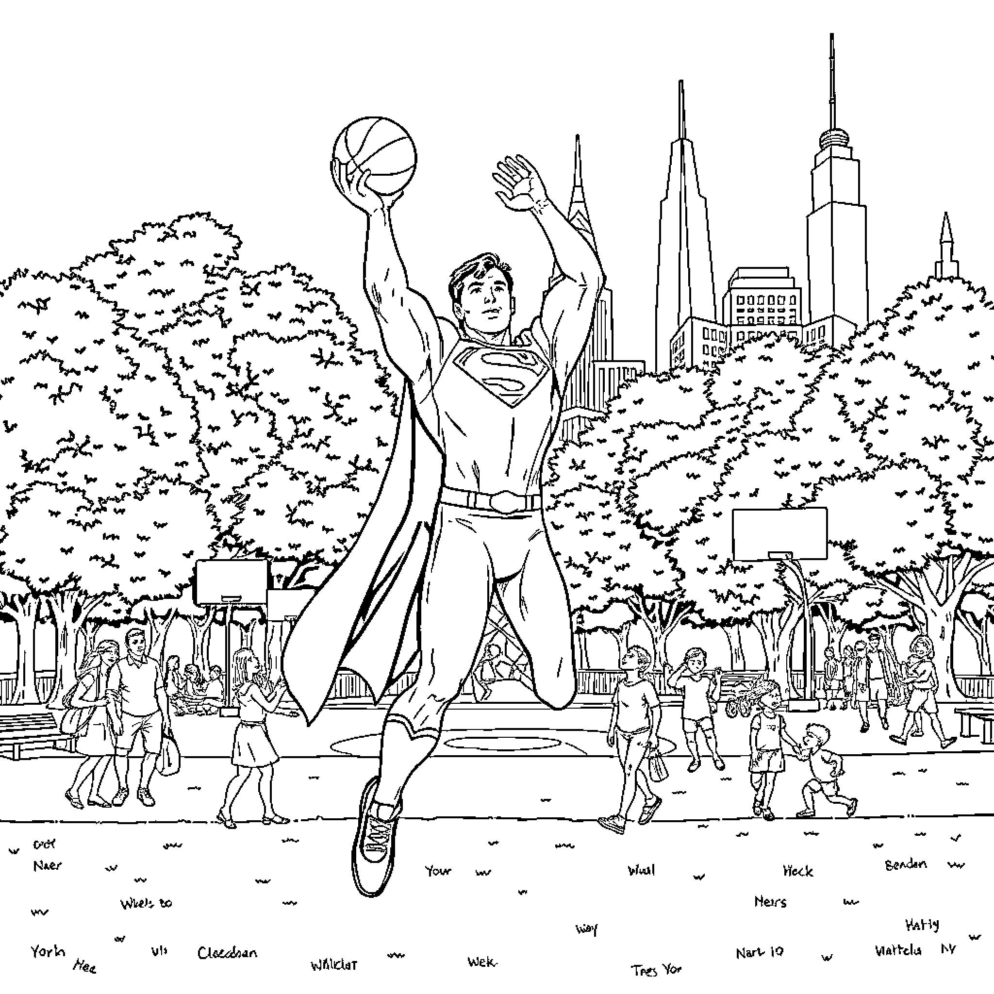 Superman heroically posing in the city landscape Coloring Page (free black-and-white line drawing printable PDF for all, from beginners to advanced learners, including children, teens, adults, and seniors)