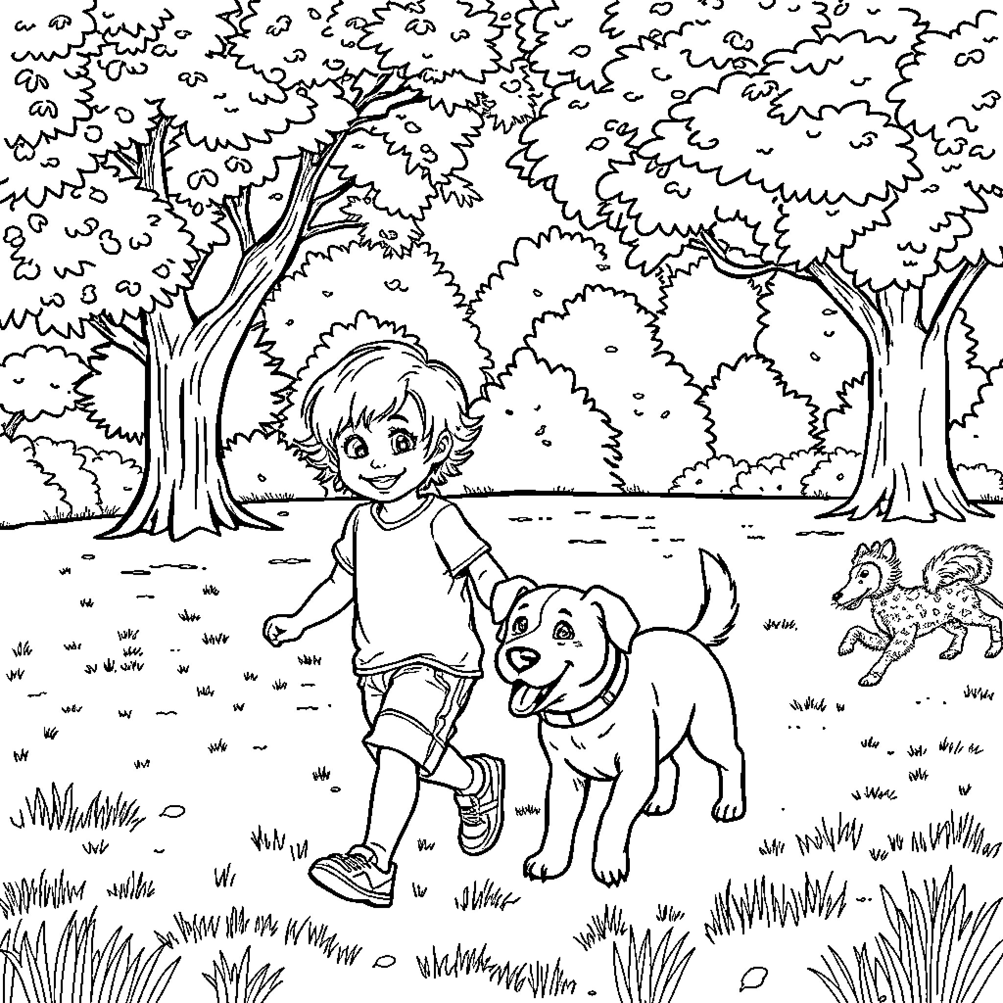 Child playing with a dog in the forest Coloring Page (free black-and-white line drawing printable PDF for all, from beginners to advanced learners, including children, teens, adults, and seniors)