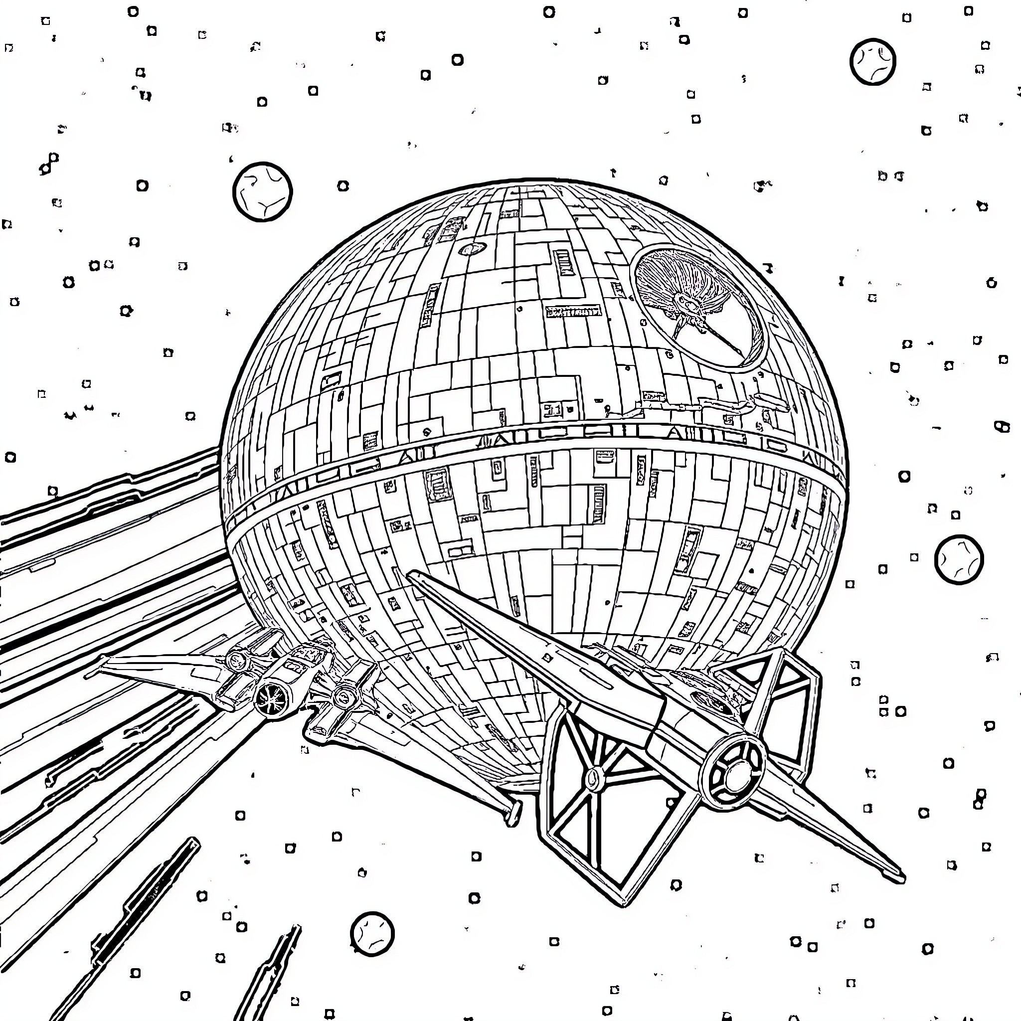 Star Wars - Death Star in space with ships Coloring Page (free black-and-white line drawing printable PDF for all, from beginners to advanced learners, including children, teens, adults, and seniors)