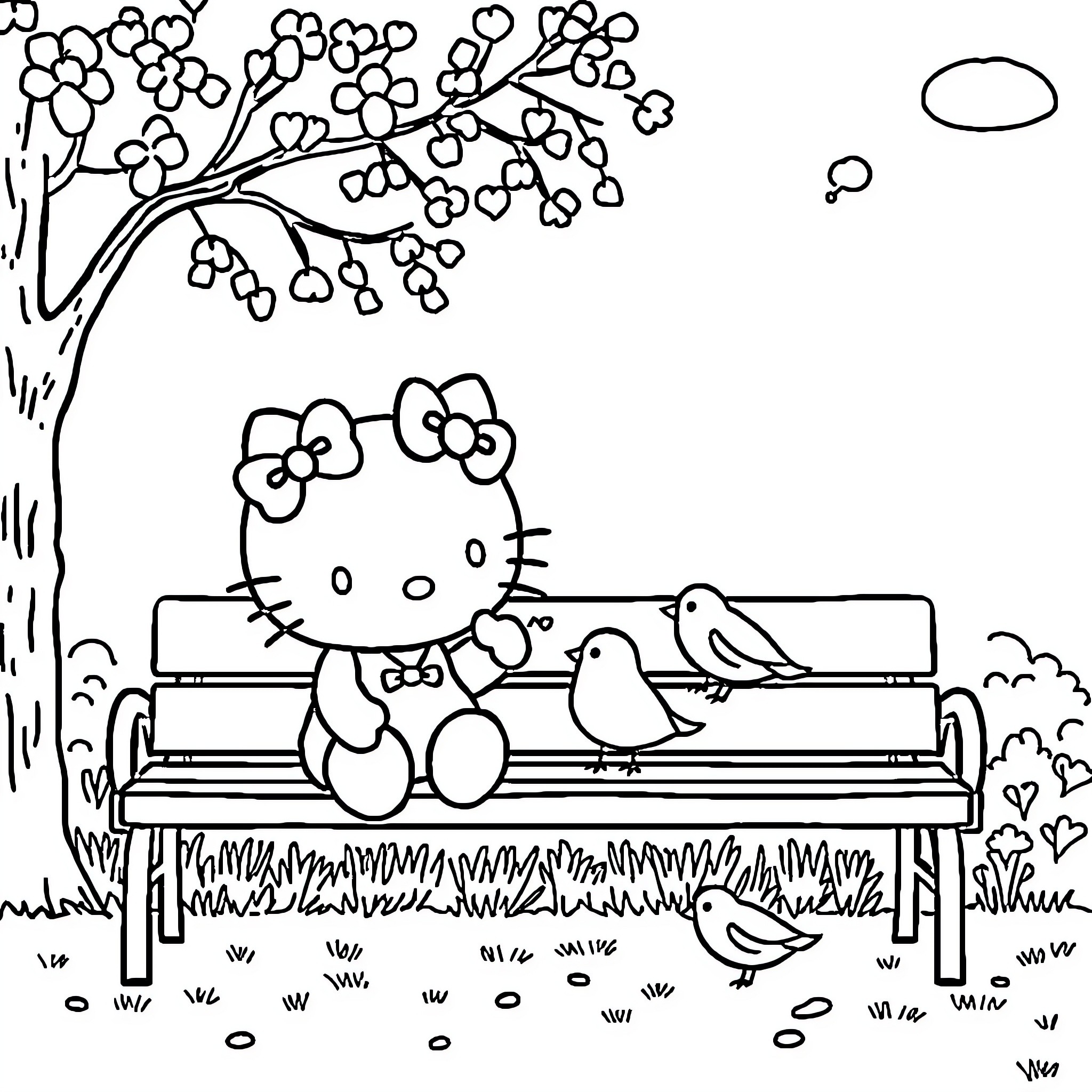 Hello Kitty relaxing on a bench with birds Coloring Page (free black-and-white line drawing printable PDF for all, from beginners to advanced learners, including children, teens, adults, and seniors)