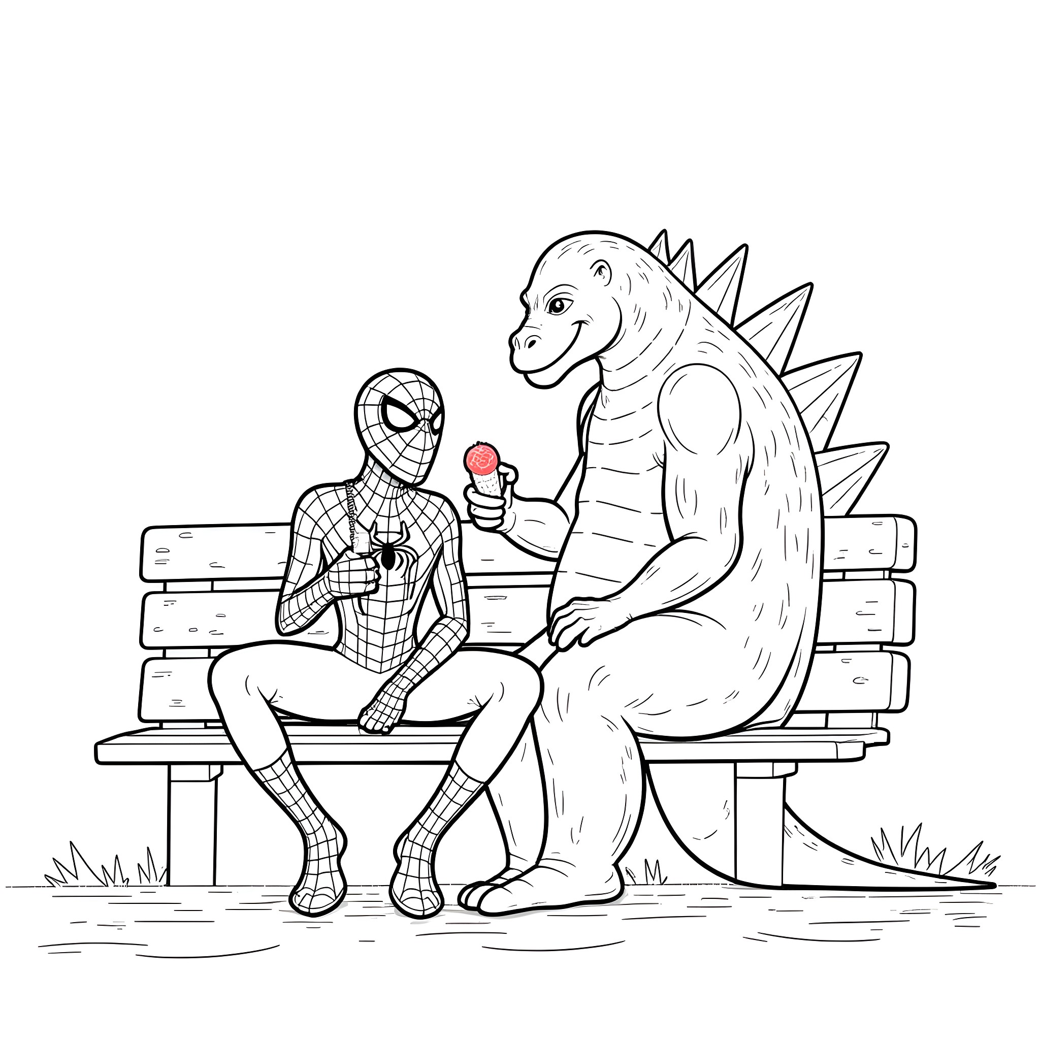 Spiderman relaxing with a friendly dinosaur Coloring Page (free black-and-white line drawing printable PDF for all, from beginners to advanced learners, including children, teens, adults, and seniors)