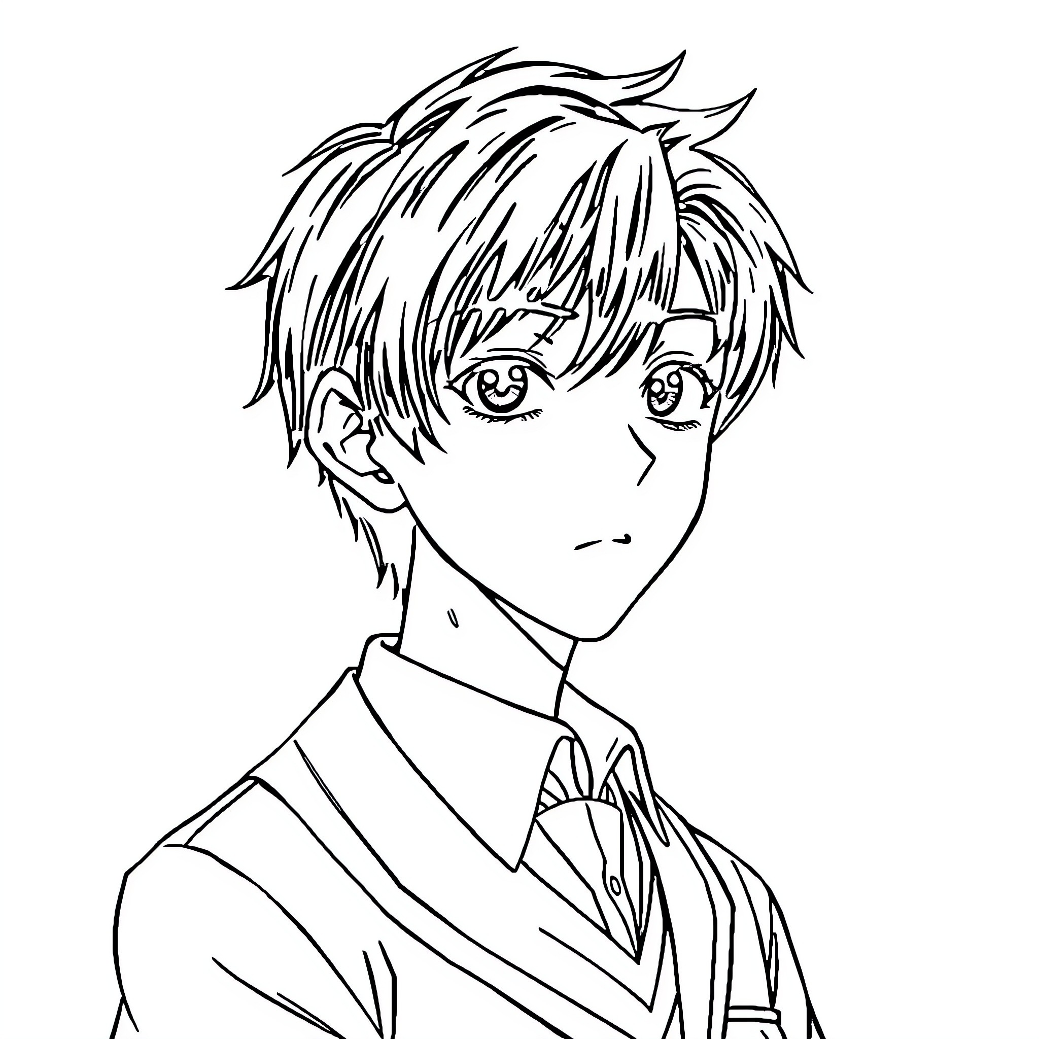 Shigeo Kageyama in a thoughtful expression Coloring Page (free black-and-white line drawing printable PDF for all, from beginners to advanced learners, including children, teens, adults, and seniors)