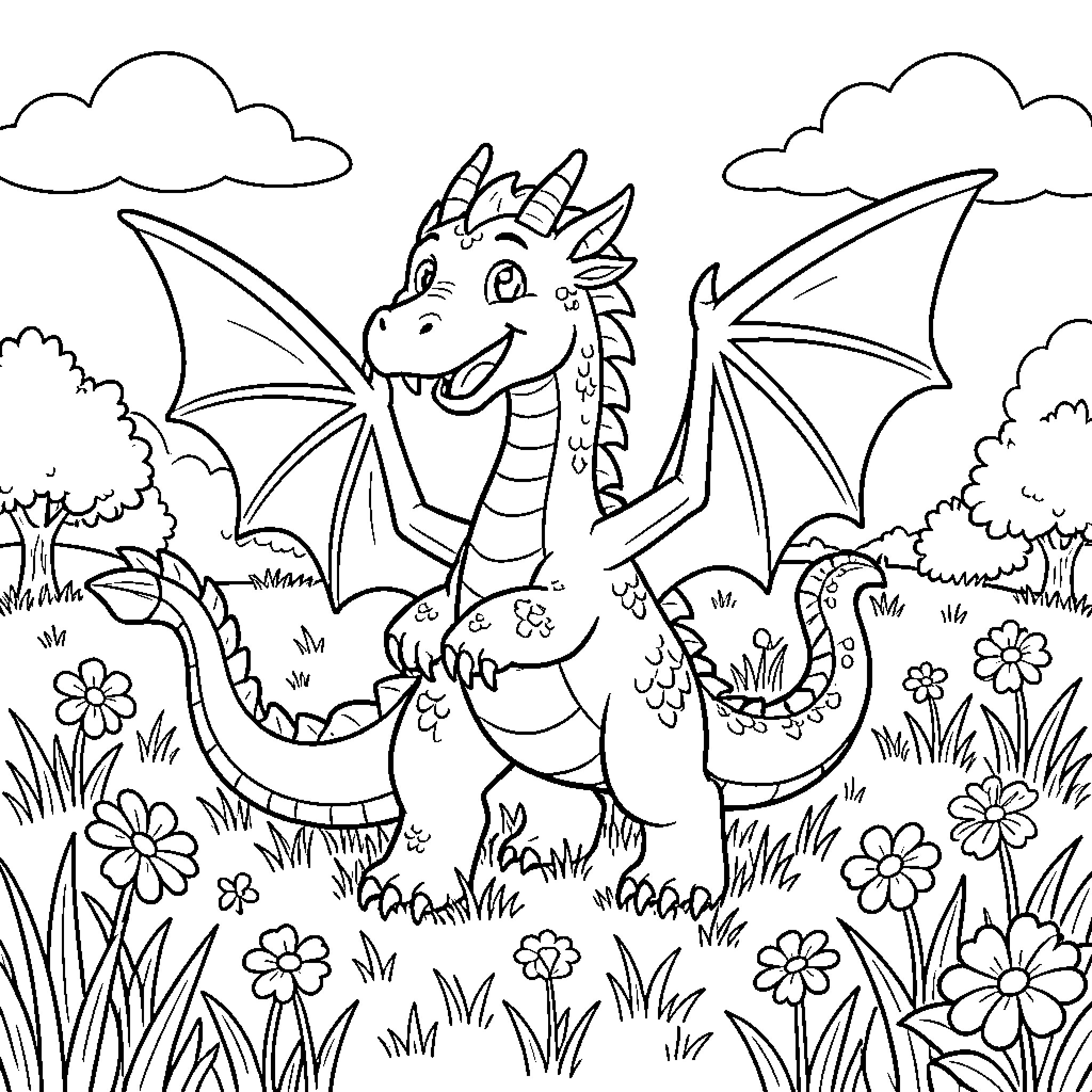 Dragon playing joyfully in a flower-filled meadow Coloring Page (free black-and-white line drawing printable PDF for all, from beginners to advanced learners, including children, teens, adults, and seniors)