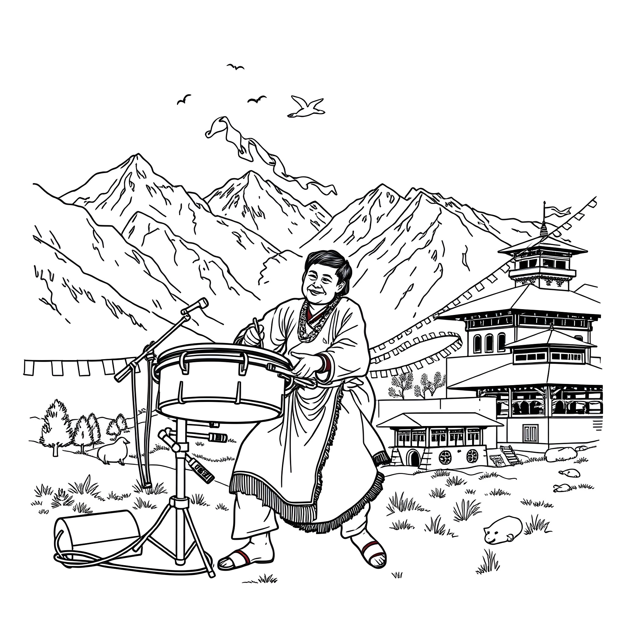Drum performance in the mountainous landscape Coloring Page (free black-and-white line drawing printable PDF for all, from beginners to advanced learners, including children, teens, adults, and seniors)