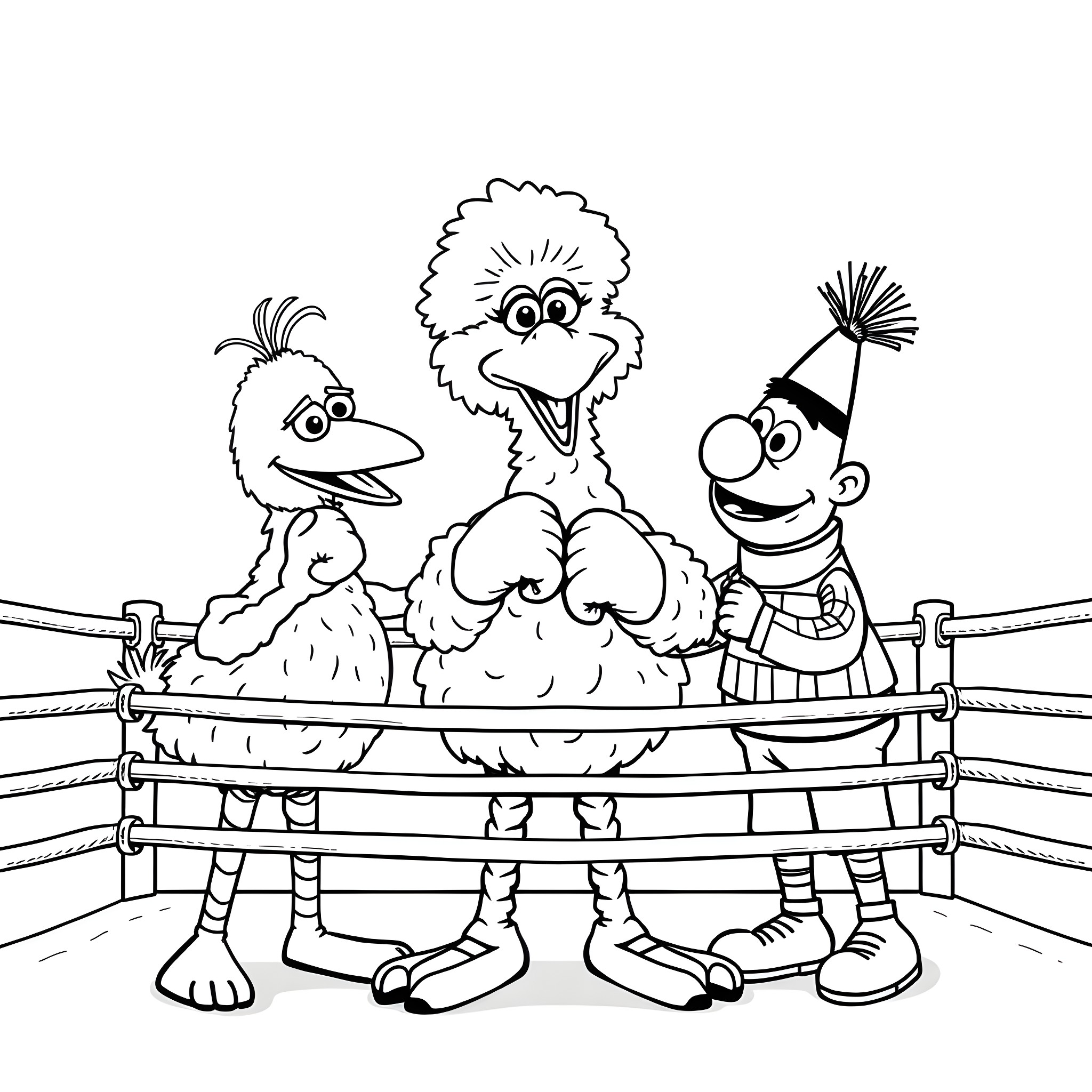 Big Bird and friends in a boxing ring Coloring Page (free black-and-white line drawing printable PDF for all, from beginners to advanced learners, including children, teens, adults, and seniors)