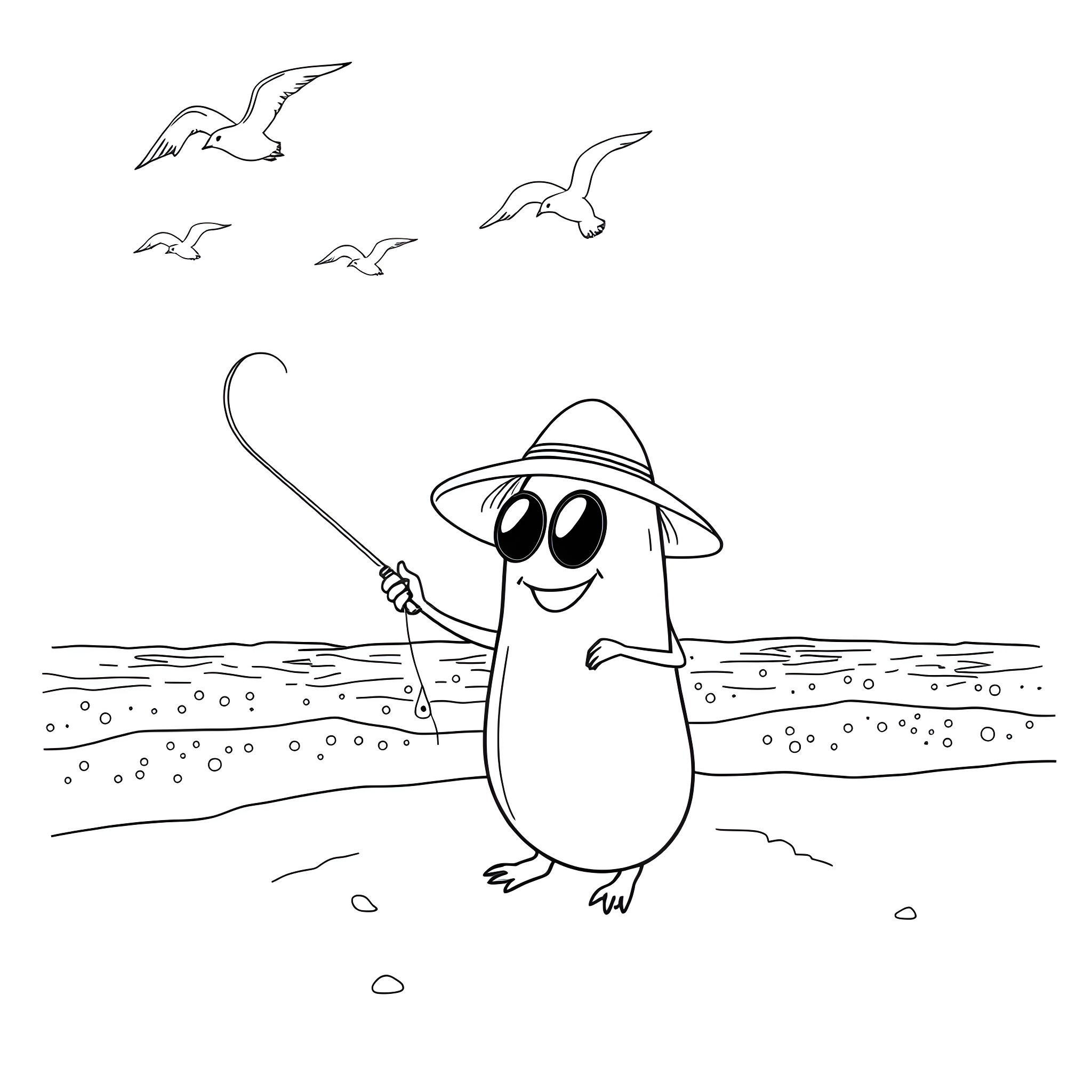 Cucumber exploring the beach with seagulls Coloring Page (free black-and-white line drawing printable PDF for all, from beginners to advanced learners, including children, teens, adults, and seniors)
