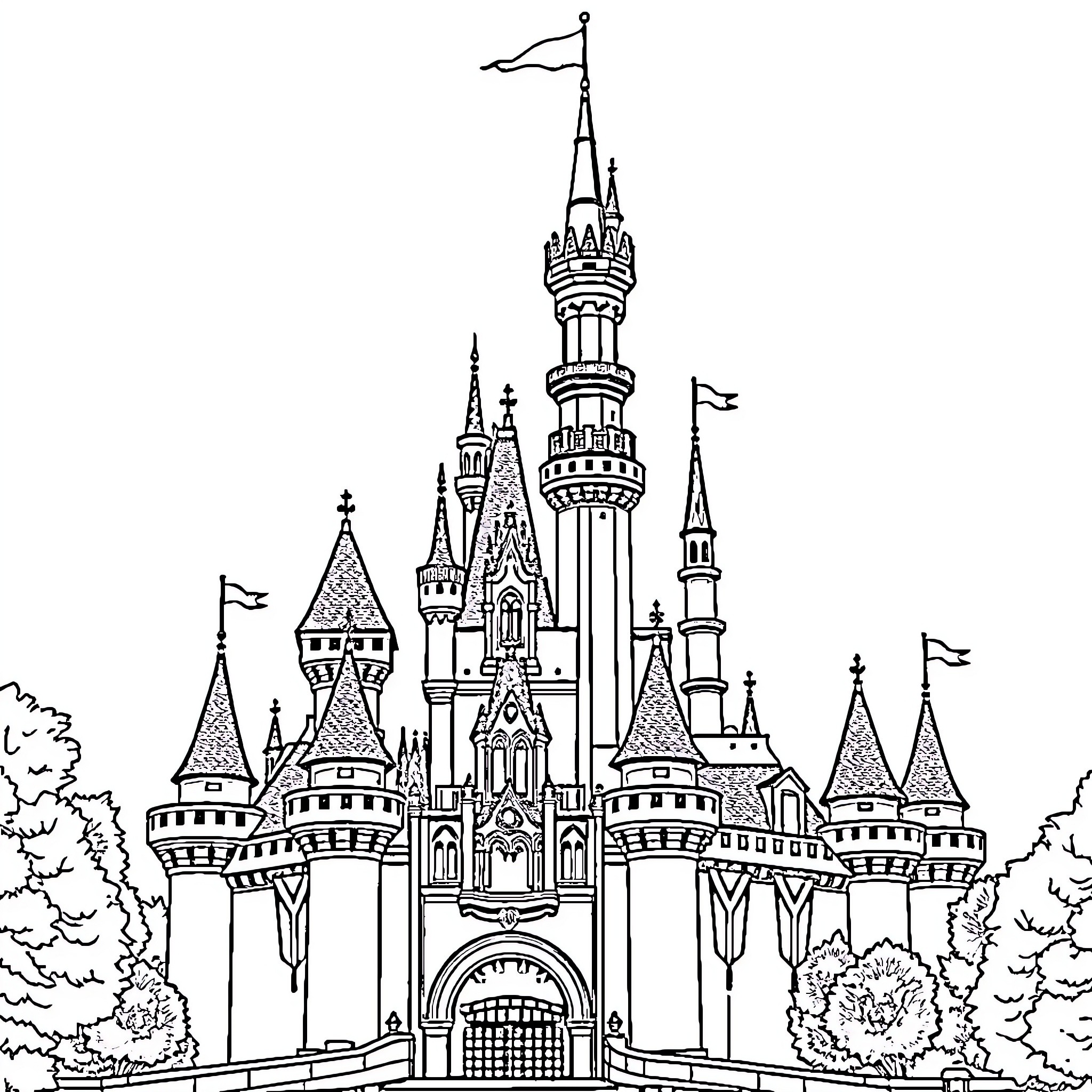Castle of Enchantment and Wonder Coloring Page (free black-and-white line drawing printable PDF for all, from beginners to advanced learners, including children, teens, adults, and seniors)