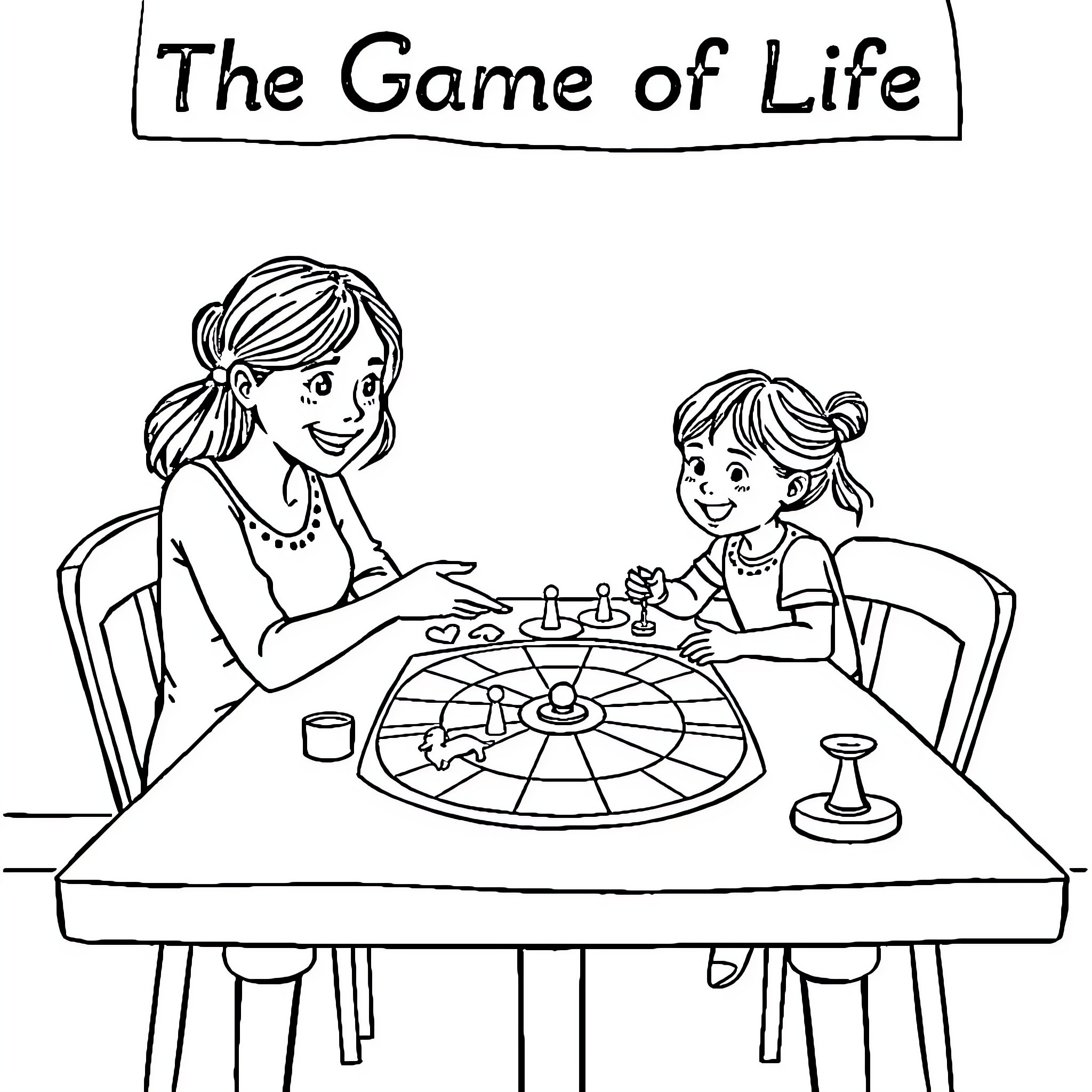 Mother and daughter playing The Game of Life together Coloring Page (free black-and-white line drawing printable PDF for all, from beginners to advanced learners, including children, teens, adults, and seniors)