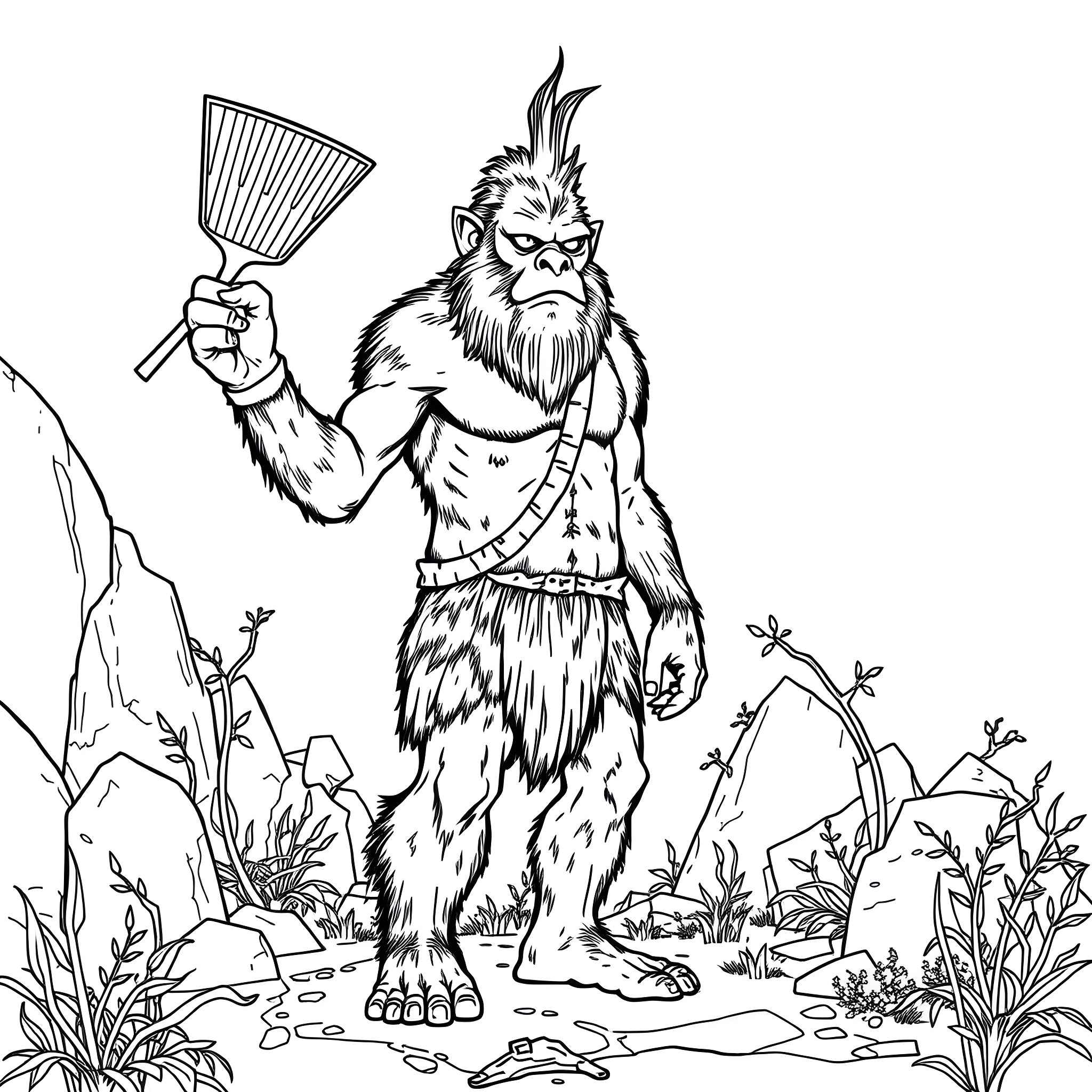 Neanderthal primitive man in natural environment Coloring Page (free black-and-white line drawing printable PDF for all, from beginners to advanced learners, including children, teens, adults, and seniors)