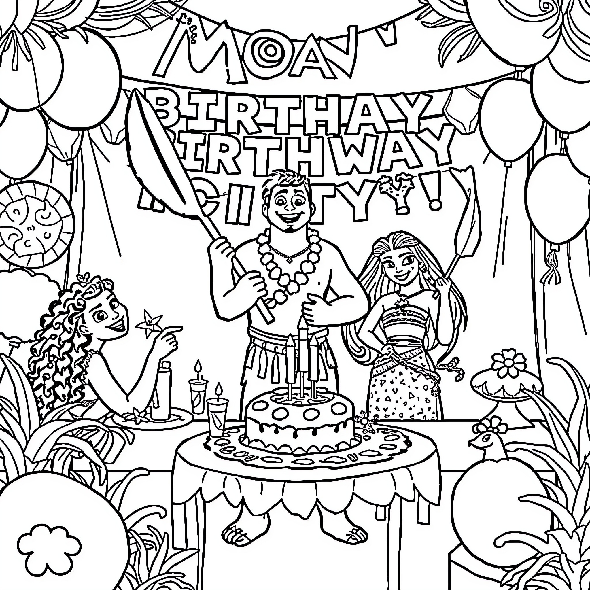 Moana's Birthday Celebration with Family and Friends Coloring Page (free black-and-white line drawing printable PDF for all, from beginners to advanced learners, including children, teens, adults, and seniors)