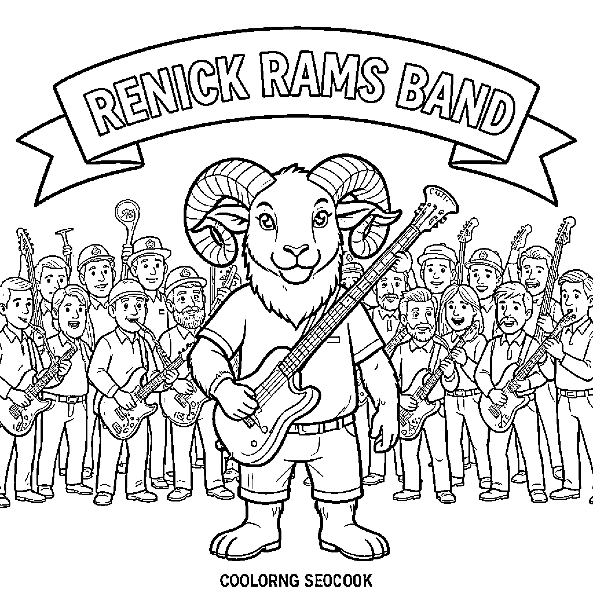 Ram leading a large band of musicians Coloring Page (free black-and-white line drawing printable PDF for all, from beginners to advanced learners, including children, teens, adults, and seniors)