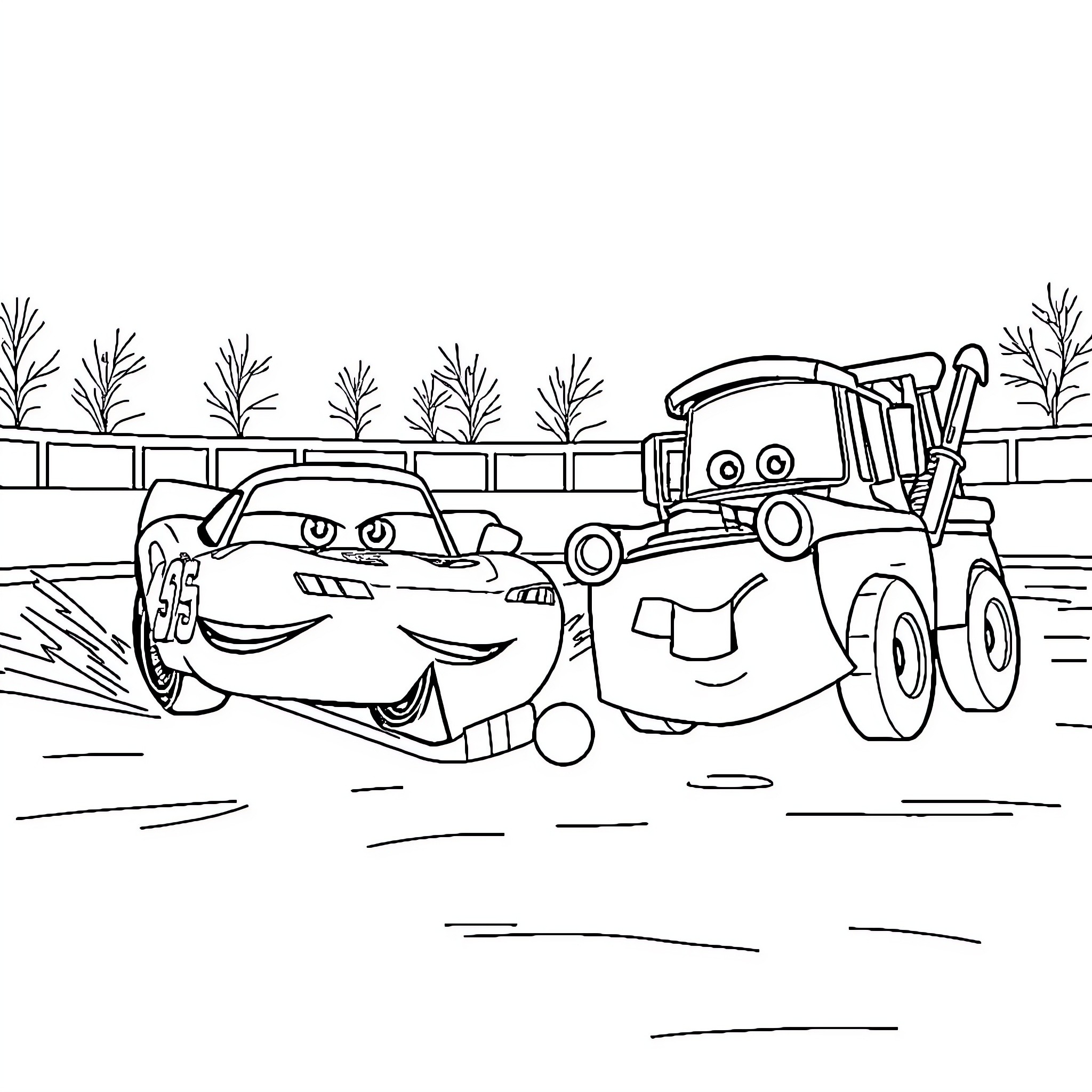 Lightning McQueen and Mater in an adventure Coloring Page (free black-and-white line drawing printable PDF for all, from beginners to advanced learners, including children, teens, adults, and seniors)