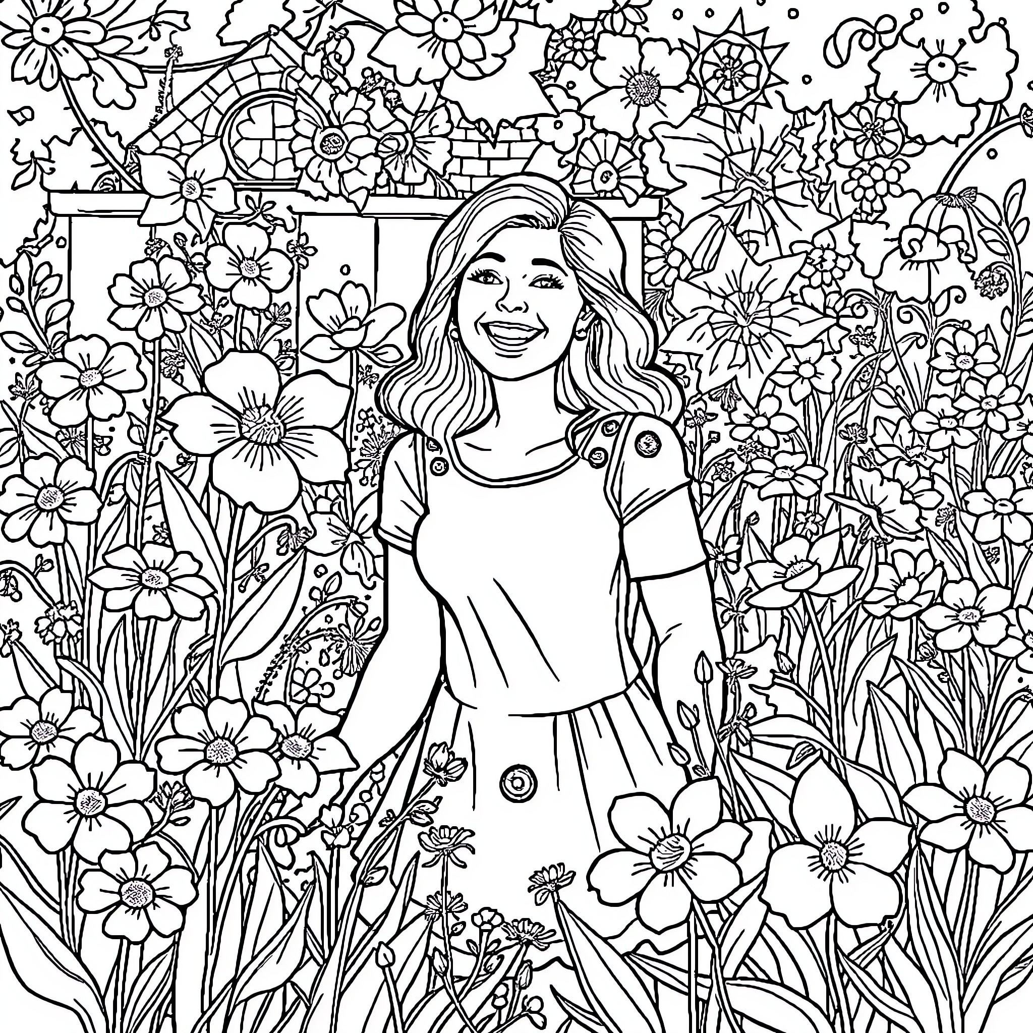 Barbara's Vibrant Floral Adventure Coloring Page (free black-and-white line drawing printable PDF for all, from beginners to advanced learners, including children, teens, adults, and seniors)