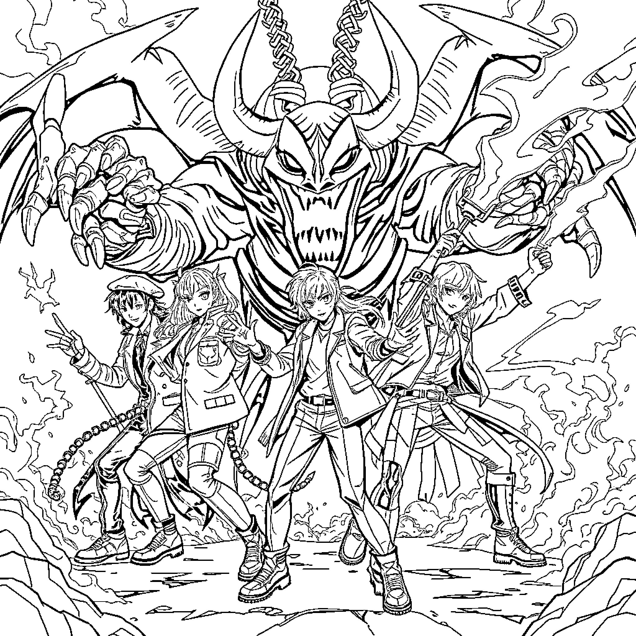 Demon Hunter: Fierce Warriors Confront Monstrous Foe Coloring Page (free black-and-white line drawing printable PDF for all, from beginners to advanced learners, including children, teens, adults, and seniors)