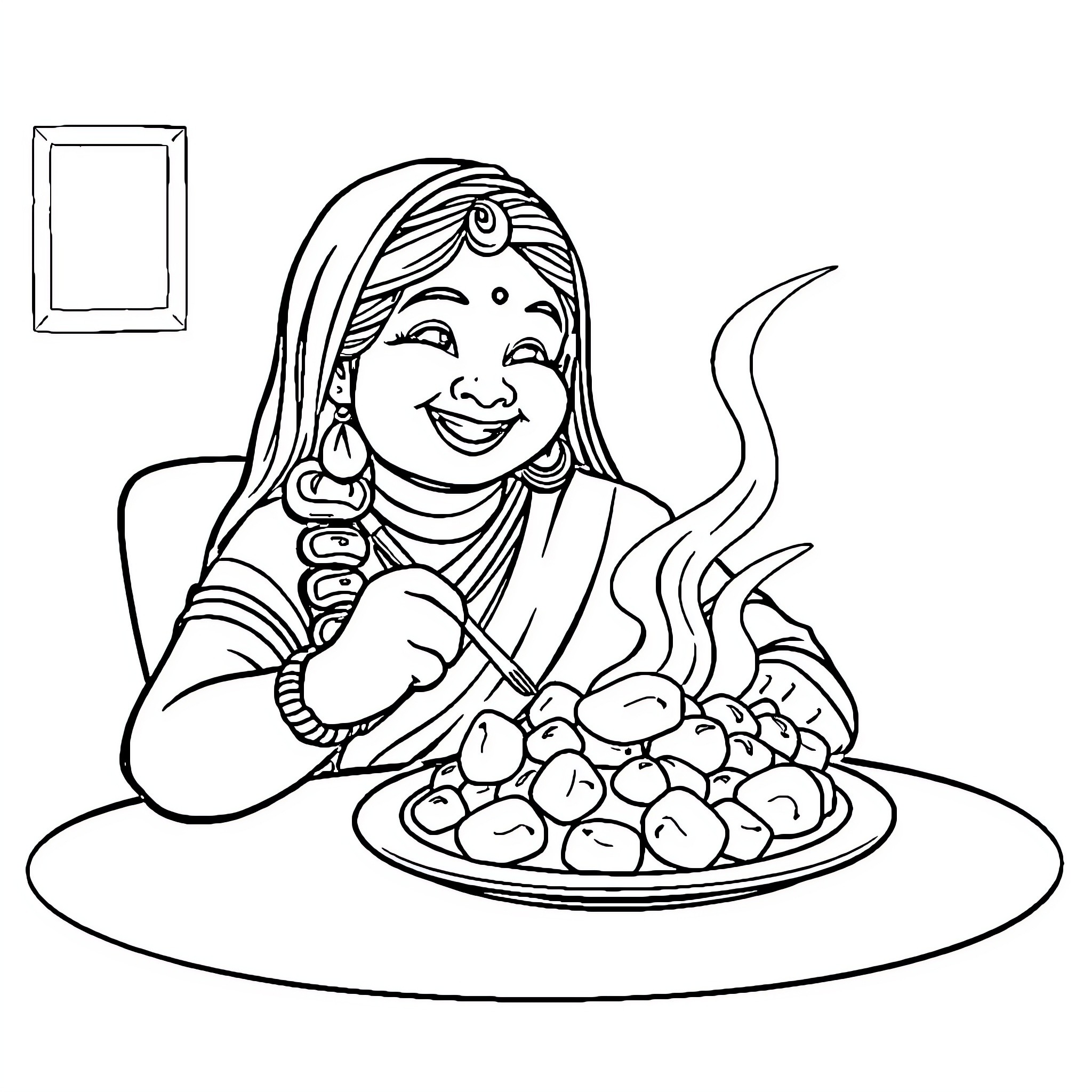 Sugandha enjoys a traditional Indian meal Coloring Page (free black-and-white line drawing printable PDF for all, from beginners to advanced learners, including children, teens, adults, and seniors)