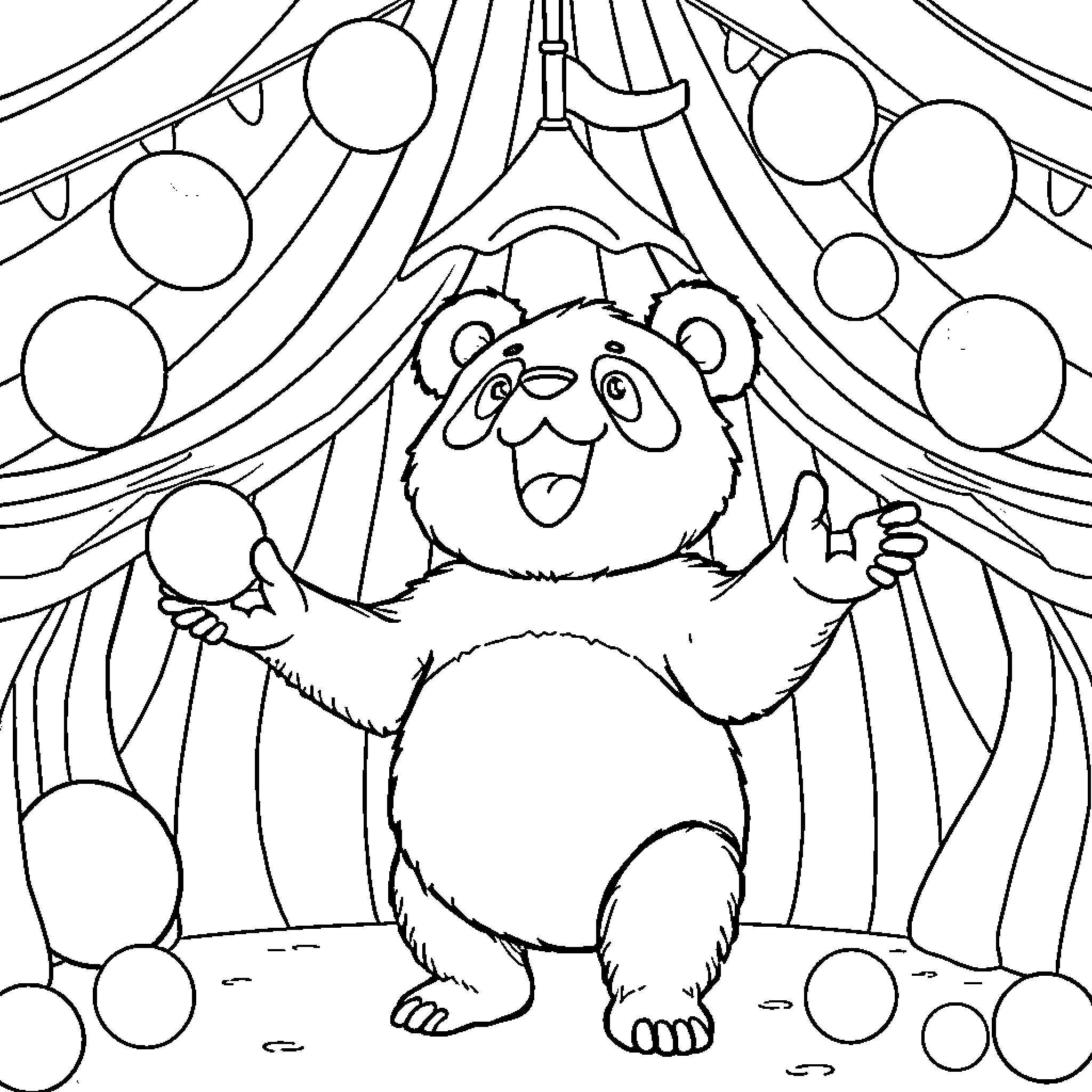 Panda performing in a circus tent Coloring Page (free black-and-white line drawing printable PDF for all, from beginners to advanced learners, including children, teens, adults, and seniors)