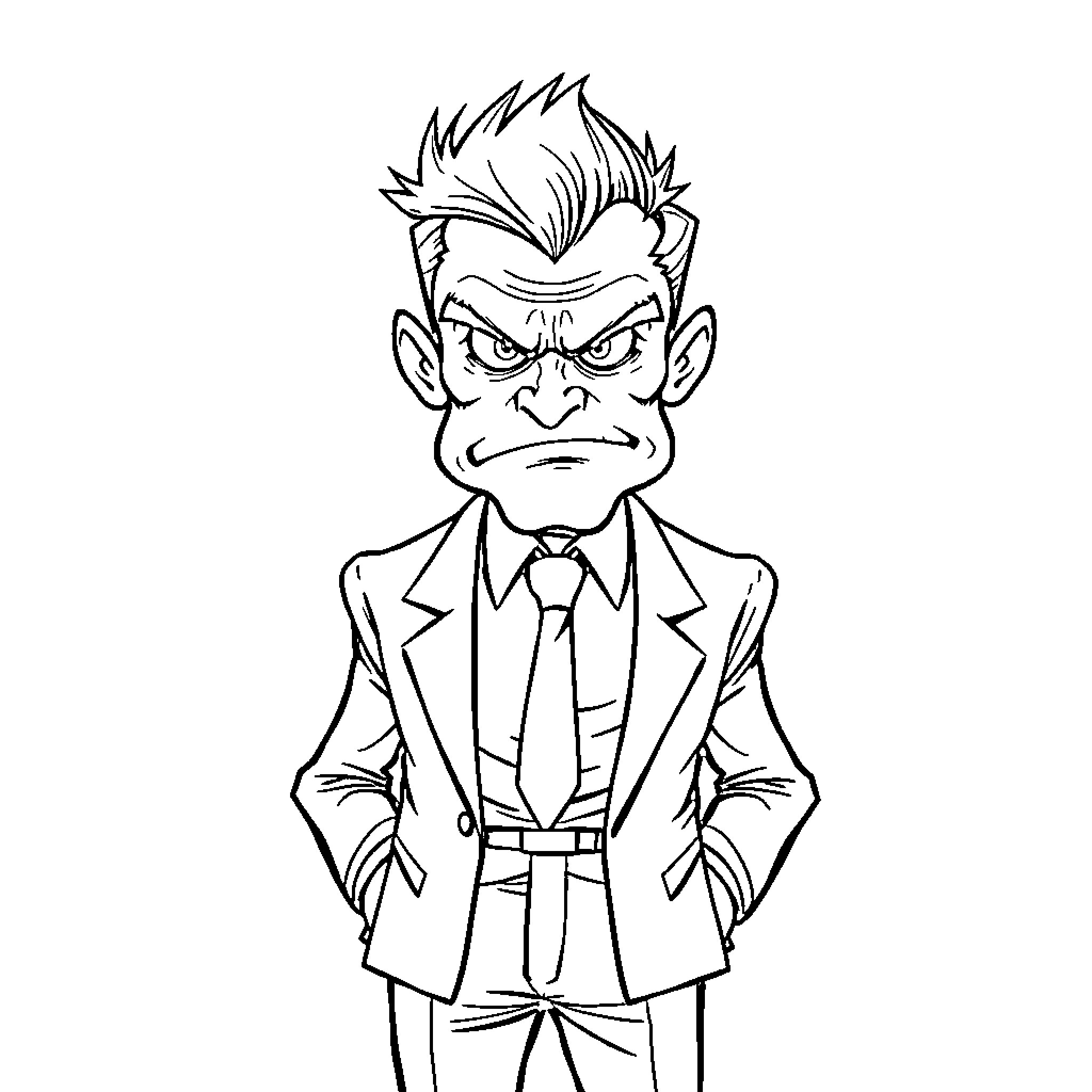 Man in a stern expression wearing formal attire Coloring Page (free black-and-white line drawing printable PDF for all, from beginners to advanced learners, including children, teens, adults, and seniors)