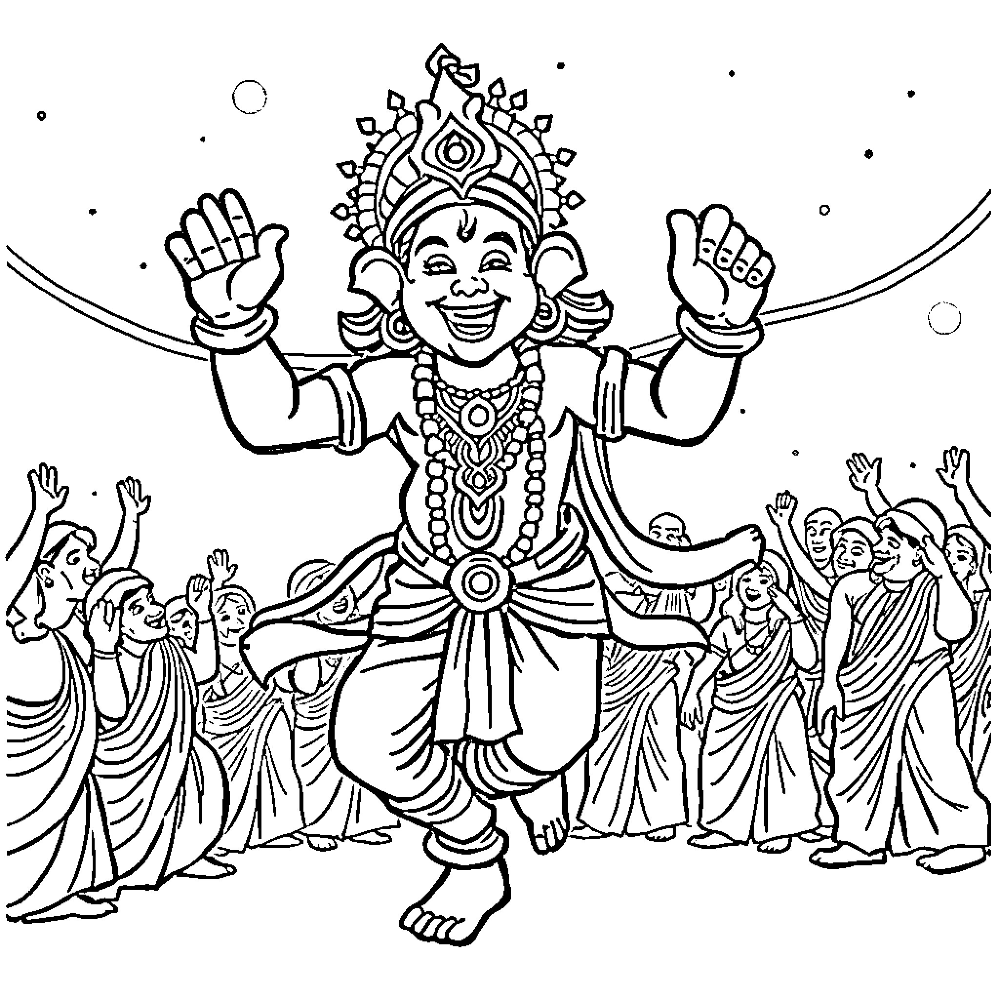 Hanuman dancing joyfully with devotees Coloring Page (free black-and-white line drawing printable PDF for all, from beginners to advanced learners, including children, teens, adults, and seniors)