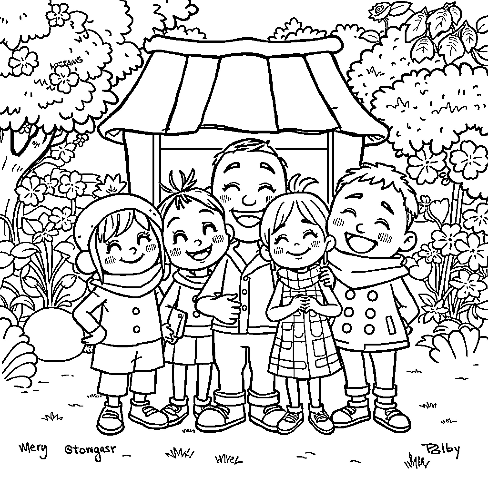 Garten of Banban: Children playing and enjoying together in a garden Coloring Page (free black-and-white line drawing printable PDF for all, from beginners to advanced learners, including children, teens, adults, and seniors)