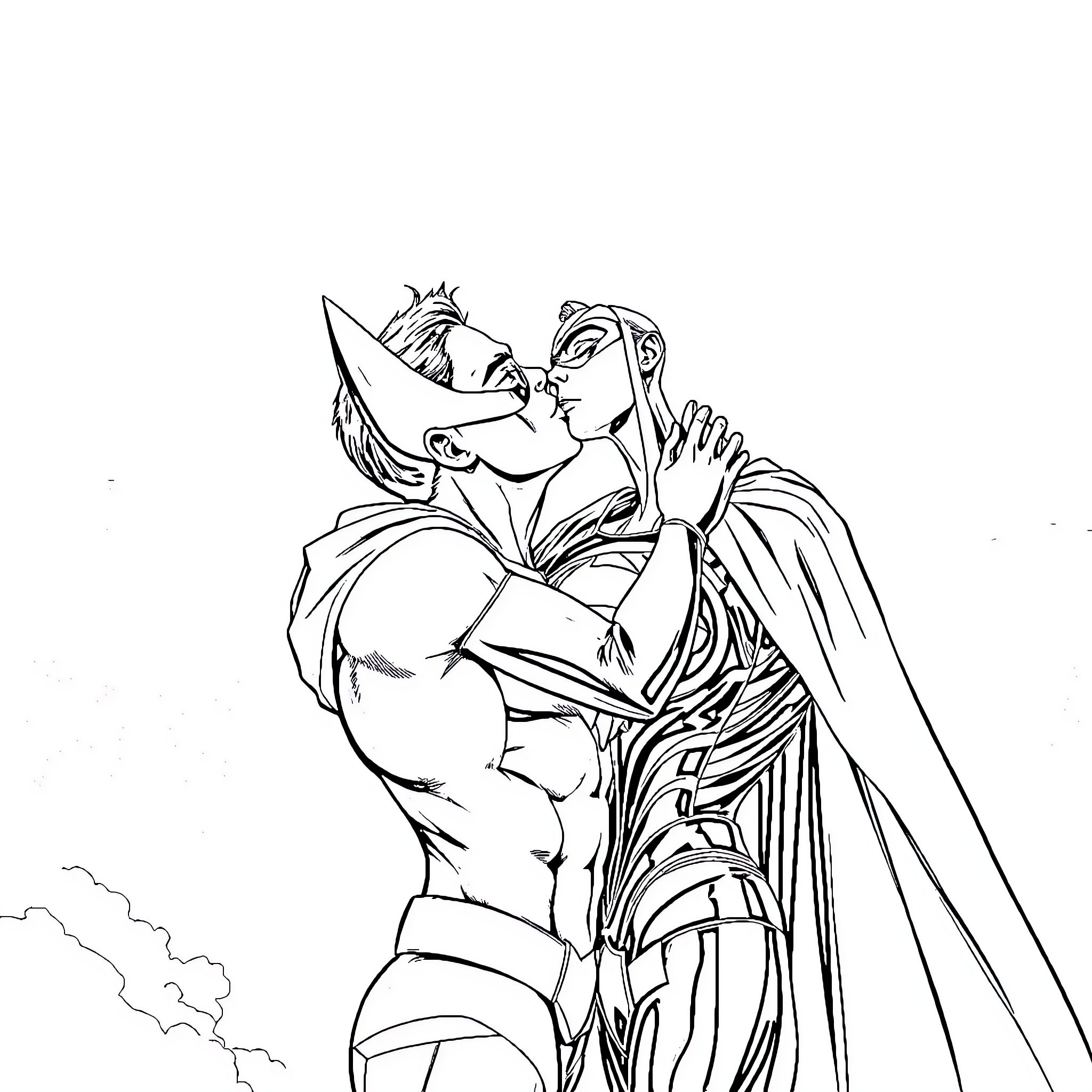 Superman embracing a powerful female hero Coloring Page (free black-and-white line drawing printable PDF for all, from beginners to advanced learners, including children, teens, adults, and seniors)