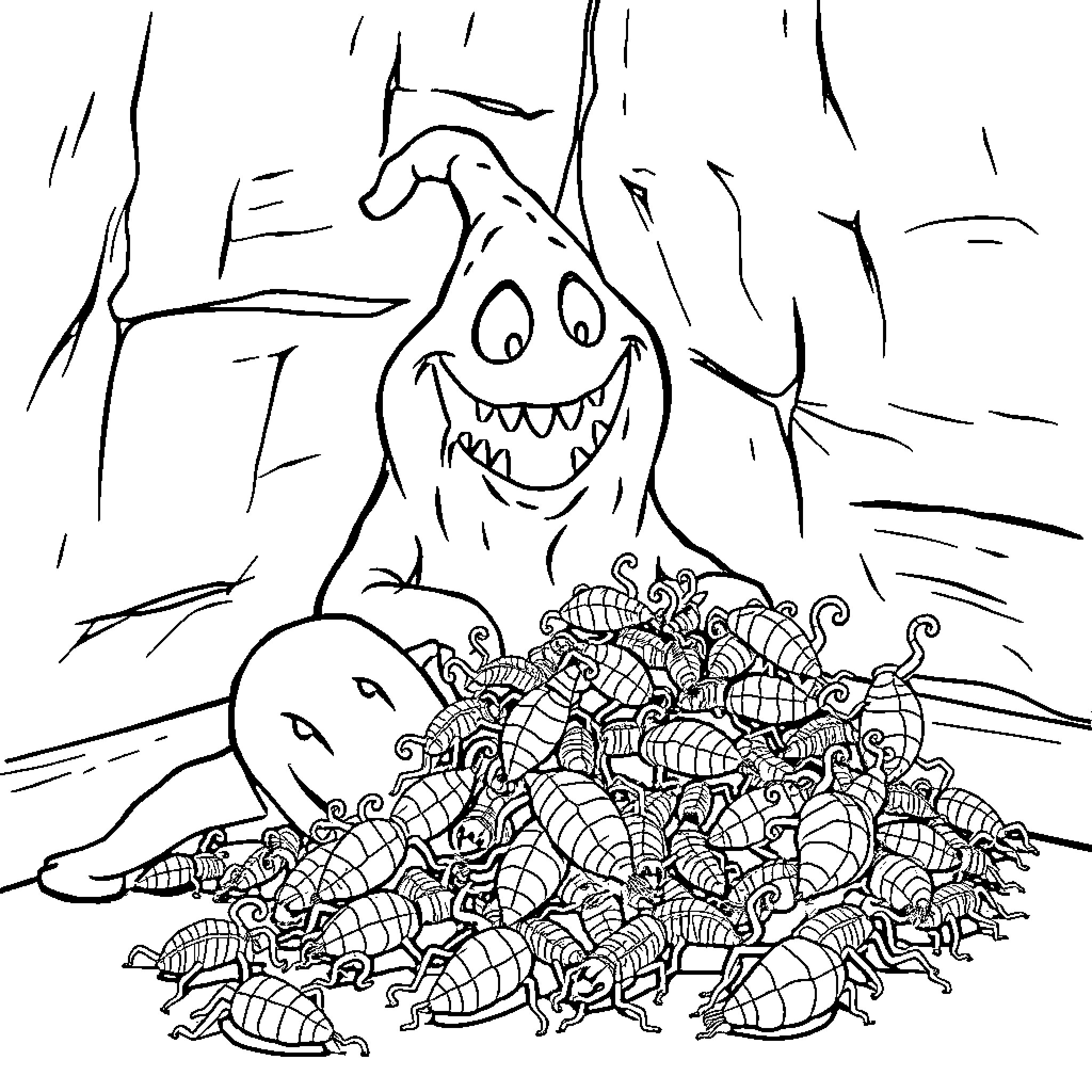 Oogie Boogie's Creepy Candy Pile Coloring Page (free black-and-white line drawing printable PDF for all, from beginners to advanced learners, including children, teens, adults, and seniors)
