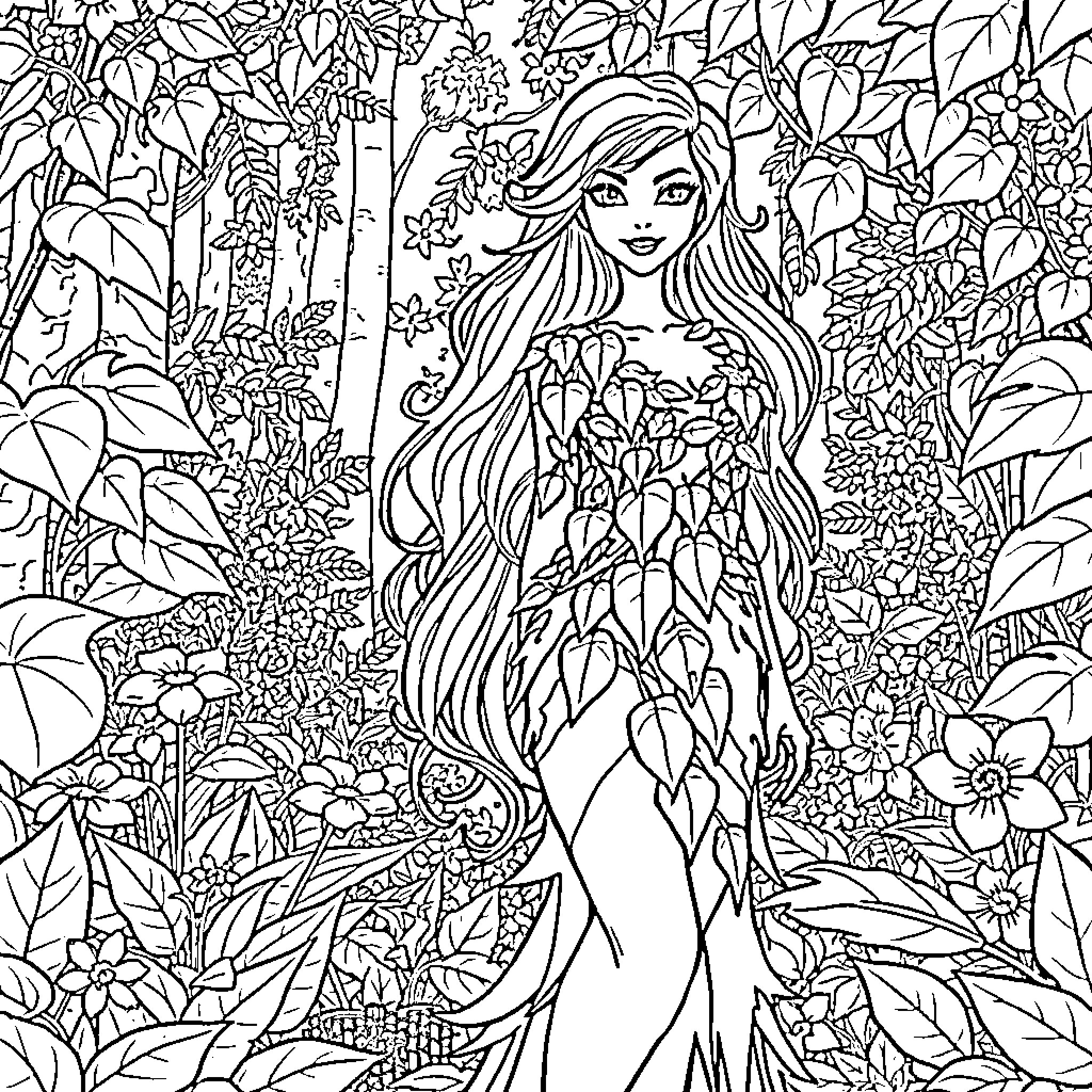 Poison Ivy in a lush, floral paradise Coloring Page (free black-and-white line drawing printable PDF for all, from beginners to advanced learners, including children, teens, adults, and seniors)