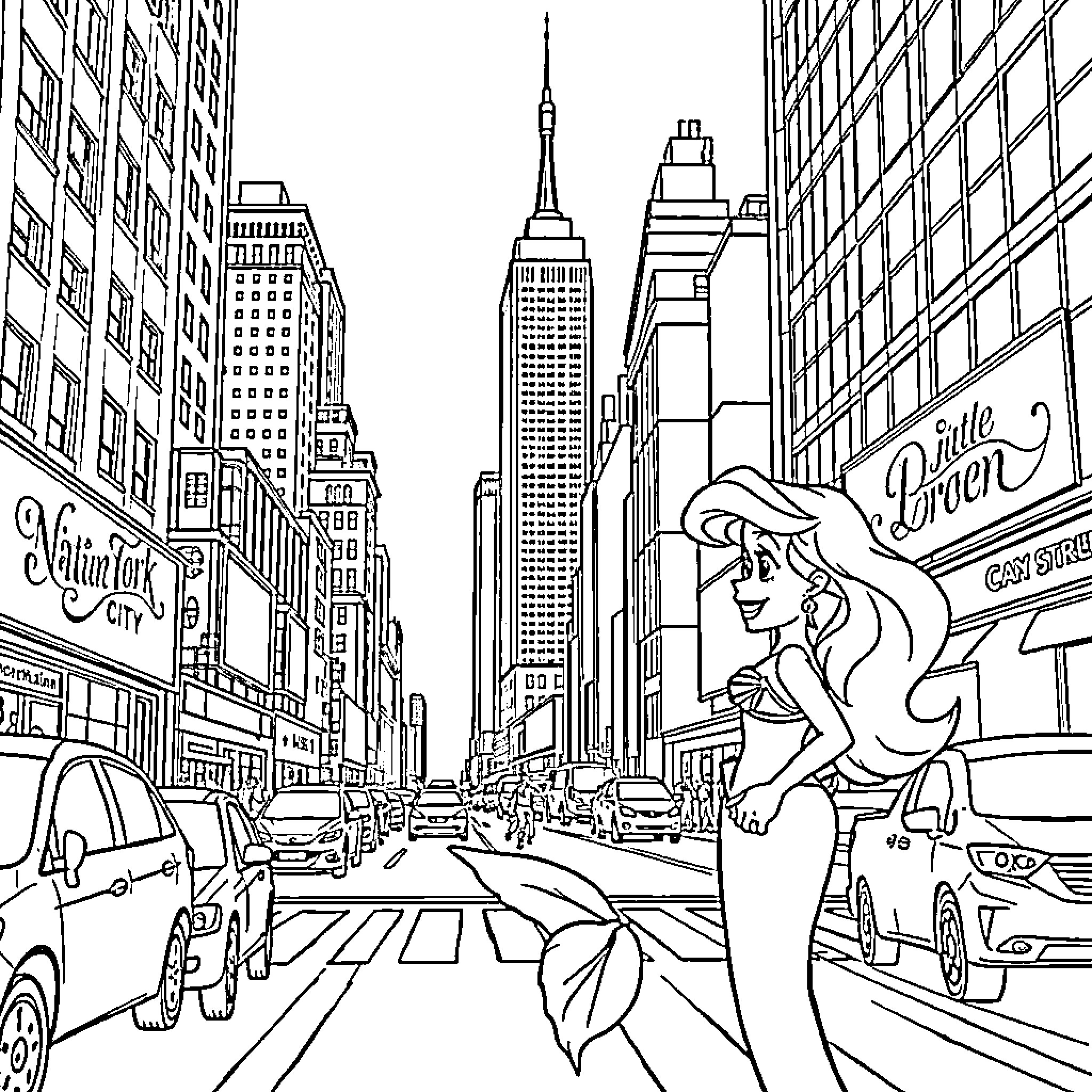 Ariel exploring the bustling city streets Coloring Page (free black-and-white line drawing printable PDF for all, from beginners to advanced learners, including children, teens, adults, and seniors)