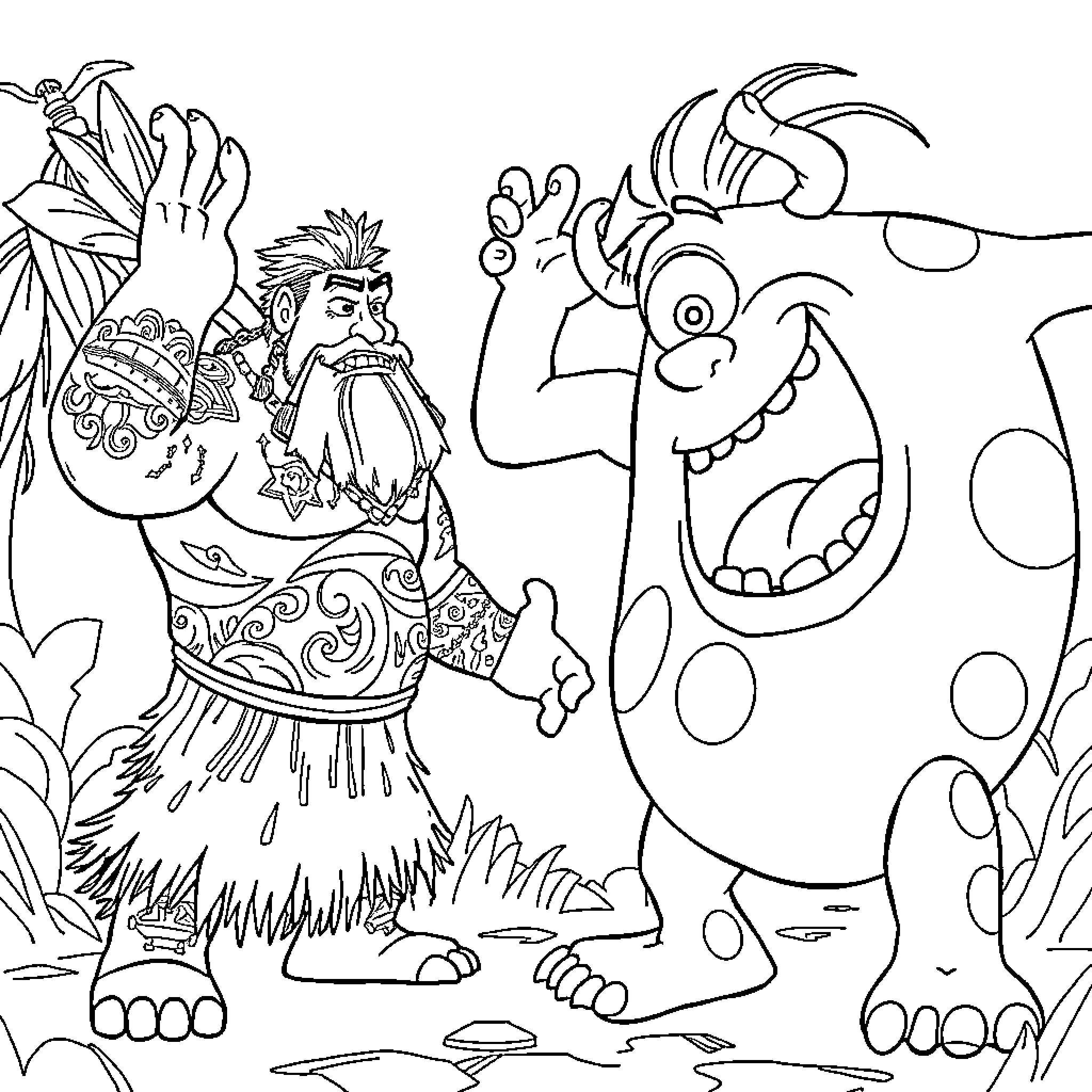 Maui and his monster friend in the jungle Coloring Page (free black-and-white line drawing printable PDF for all, from beginners to advanced learners, including children, teens, adults, and seniors)