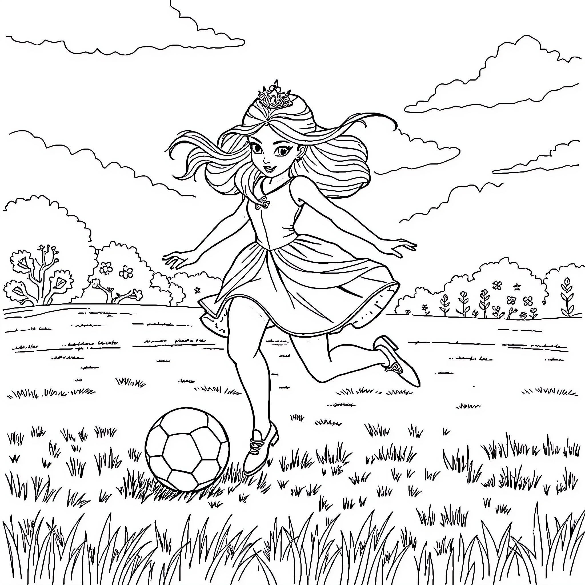 Princess playing with a soccer ball in a field Coloring Page (free black-and-white line drawing printable PDF for all, from beginners to advanced learners, including children, teens, adults, and seniors)