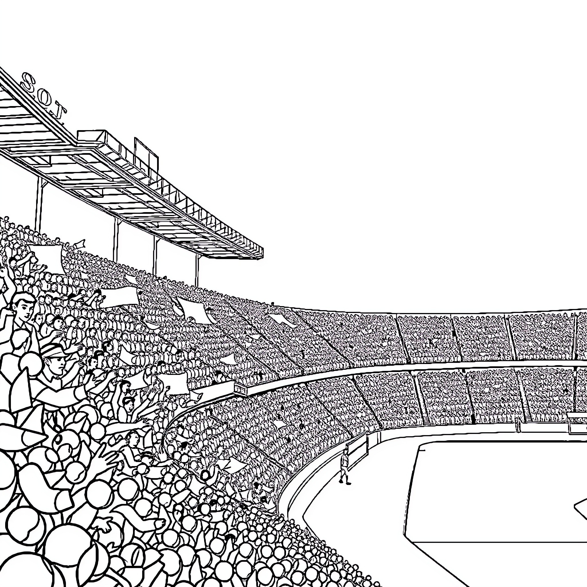 Stadium filled with cheering crowd during event Coloring Page (free black-and-white line drawing printable PDF for all, from beginners to advanced learners, including children, teens, adults, and seniors)