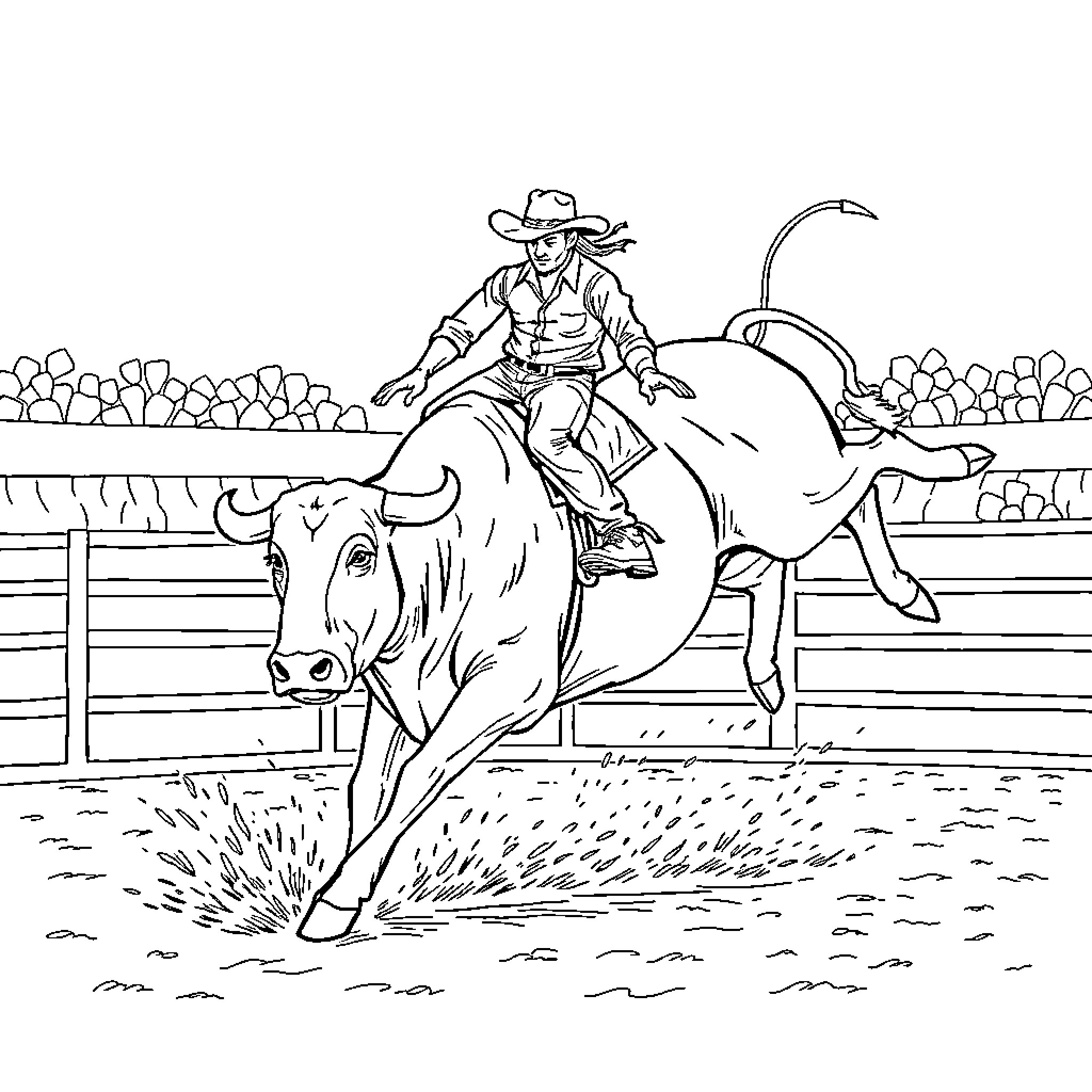Bull Rider Competing in Rodeo Arena Coloring Page (free black-and-white line drawing printable PDF for all, from beginners to advanced learners, including children, teens, adults, and seniors)