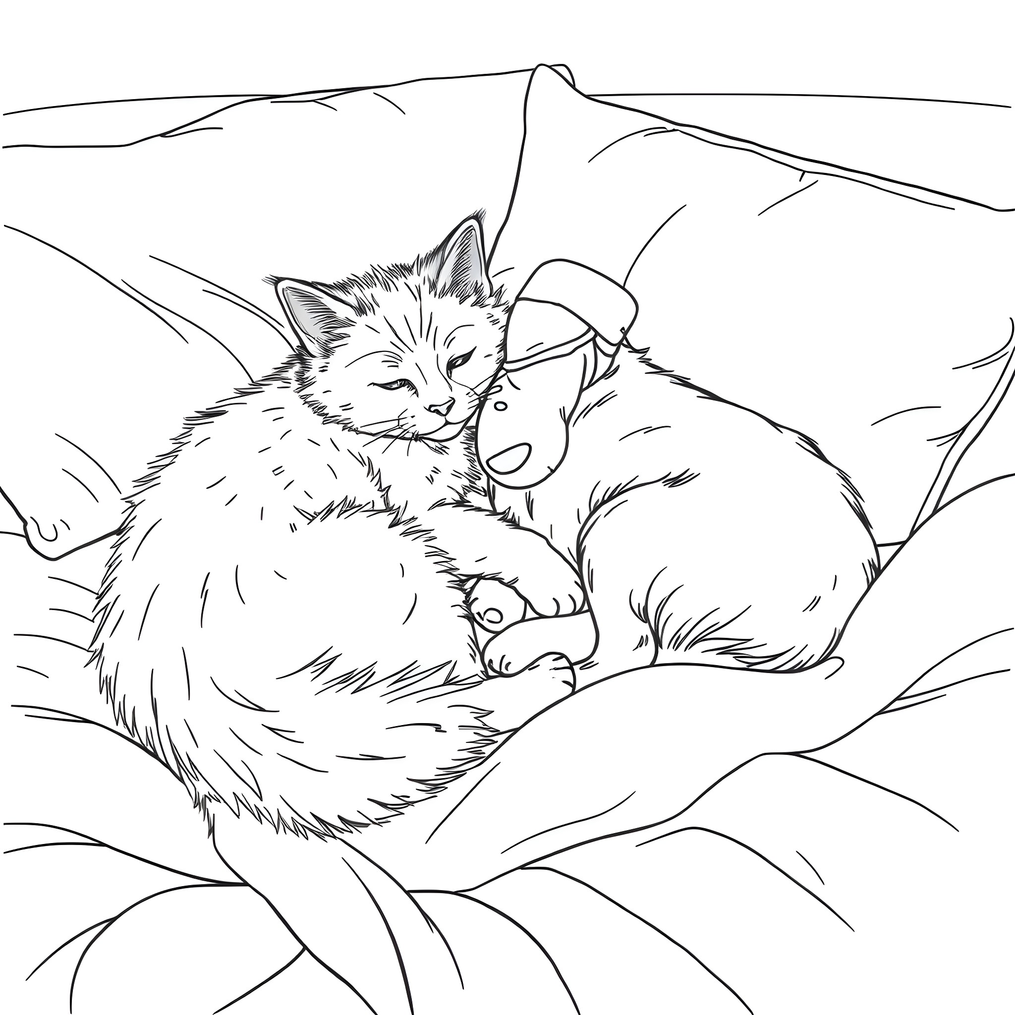 Cat cuddling with a fox in the wilderness Coloring Page (free black-and-white line drawing printable PDF for all, from beginners to advanced learners, including children, teens, adults, and seniors)